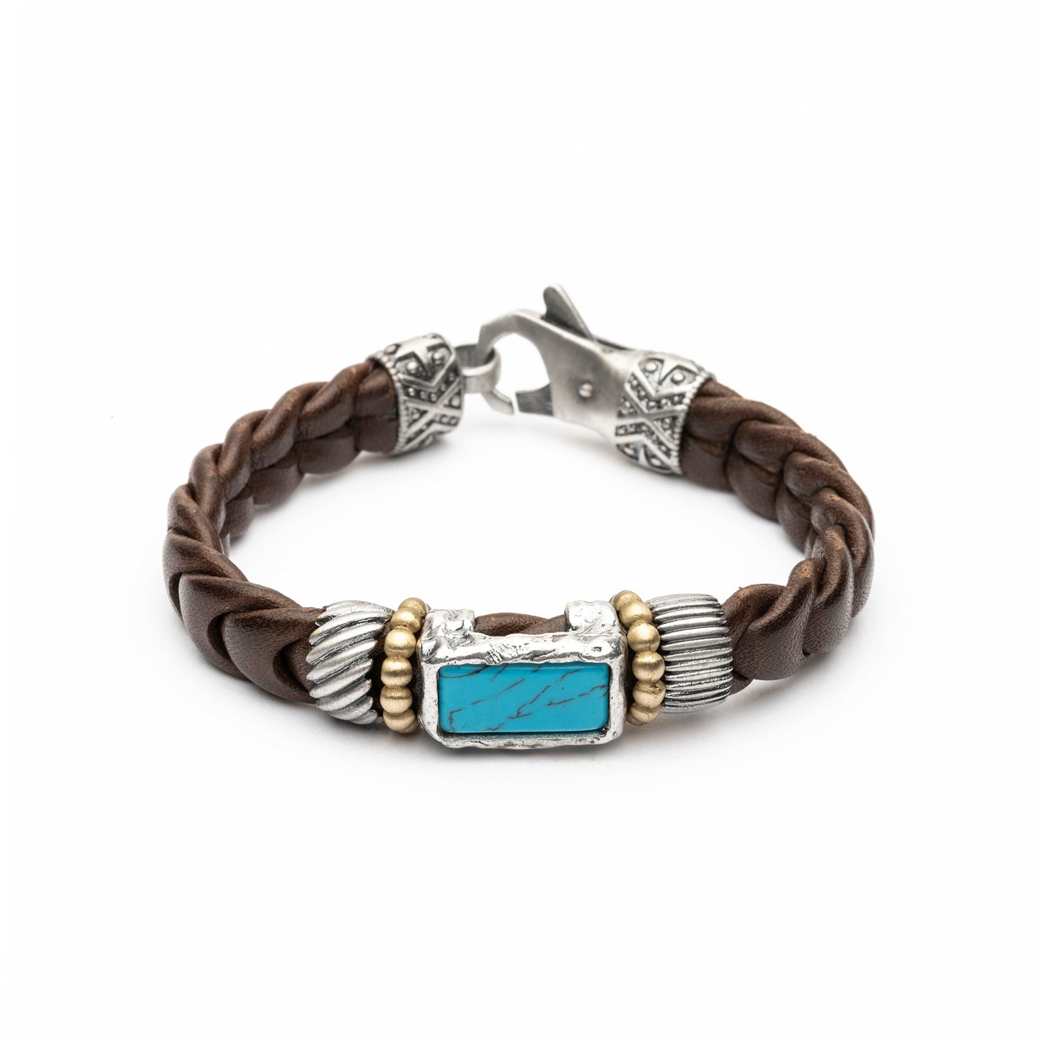 Pulsera Cuero Plata y Bronce Rectangular