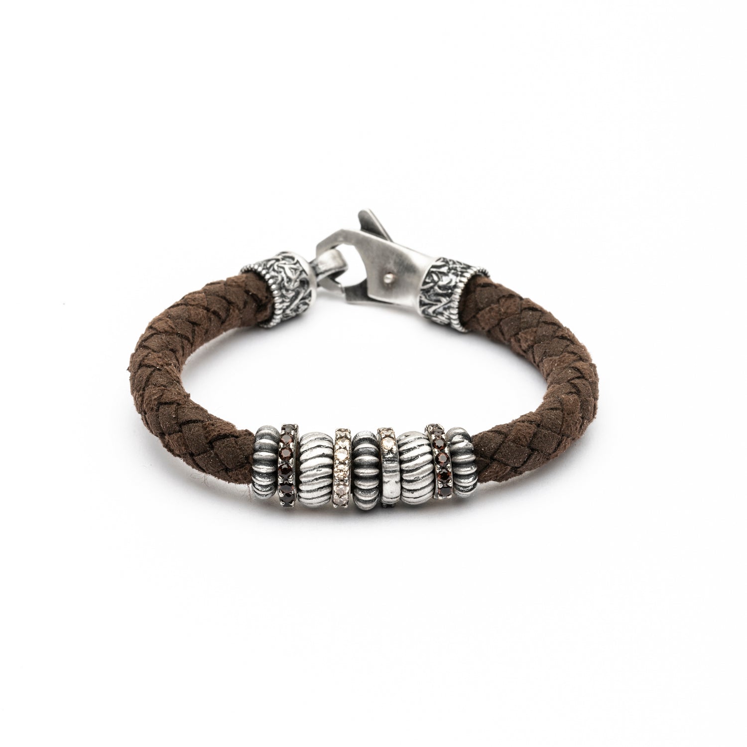 Pulsera Cuero Plata Aros Circonitas