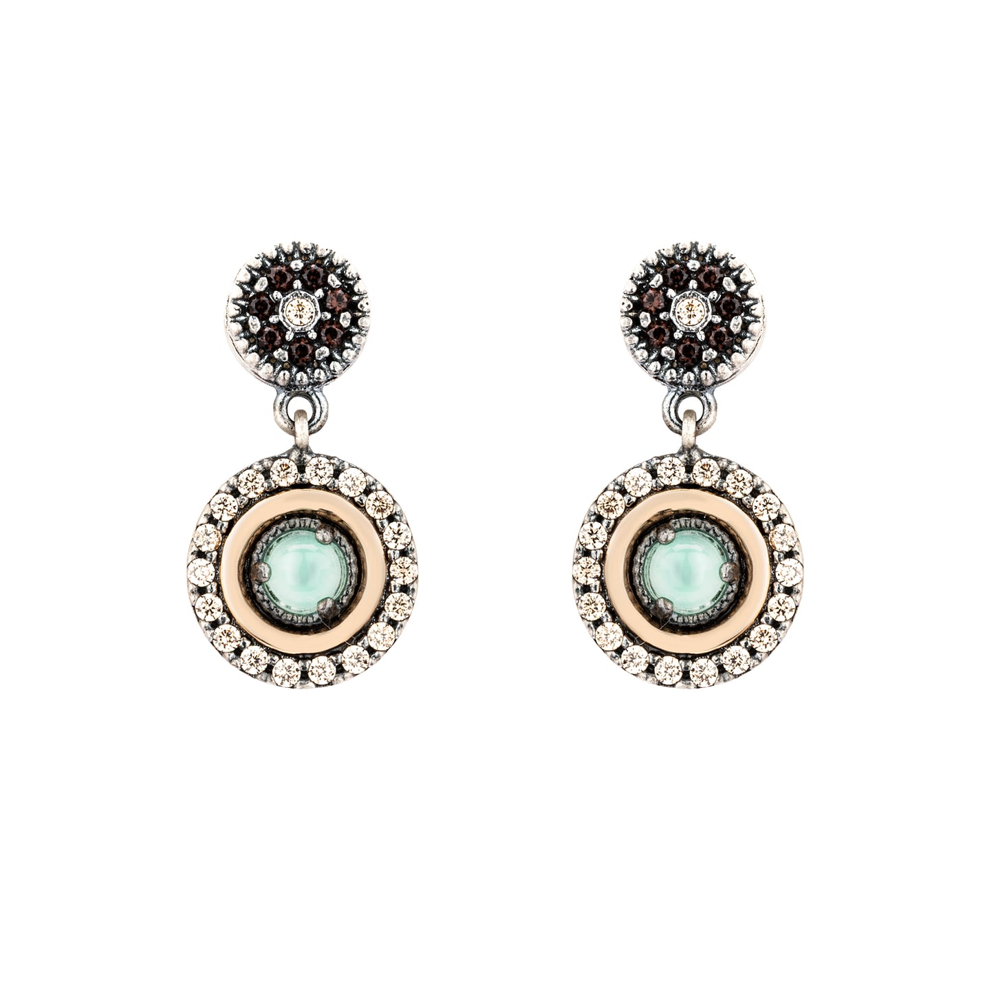 P1022 PENDIENTES PLATA Y ORO 9KT, CALCEDONIA, CIRCONITAS CAVA