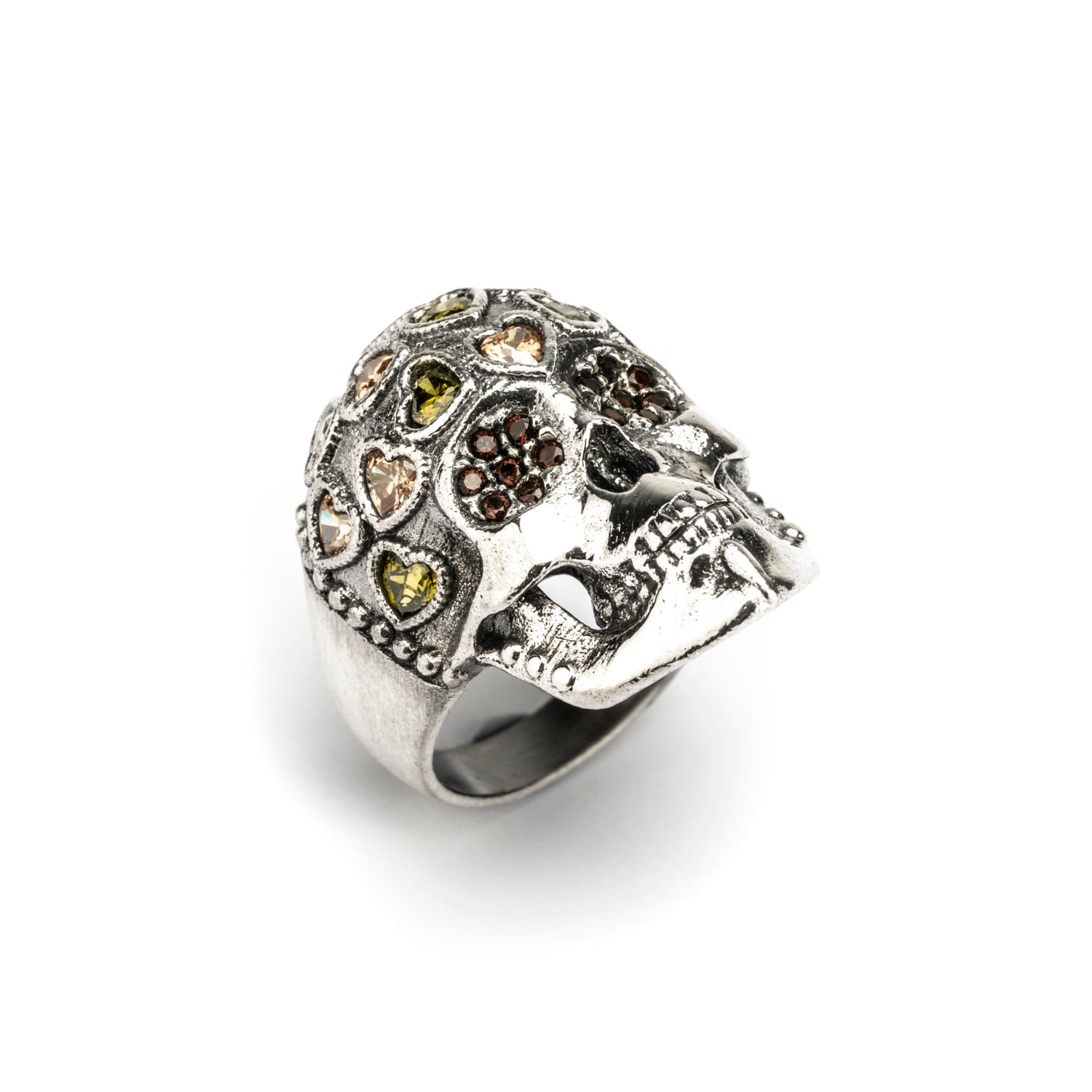 Anillo calavera plata y corazones circonitas