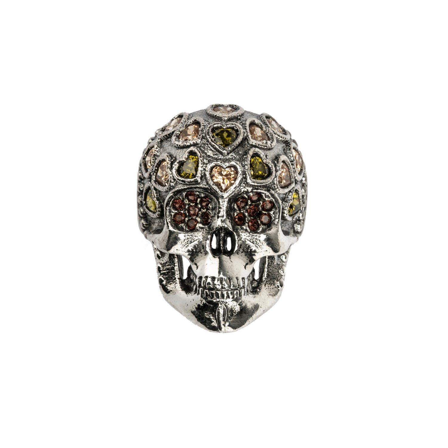 Anillo calavera plata y corazones circonitas