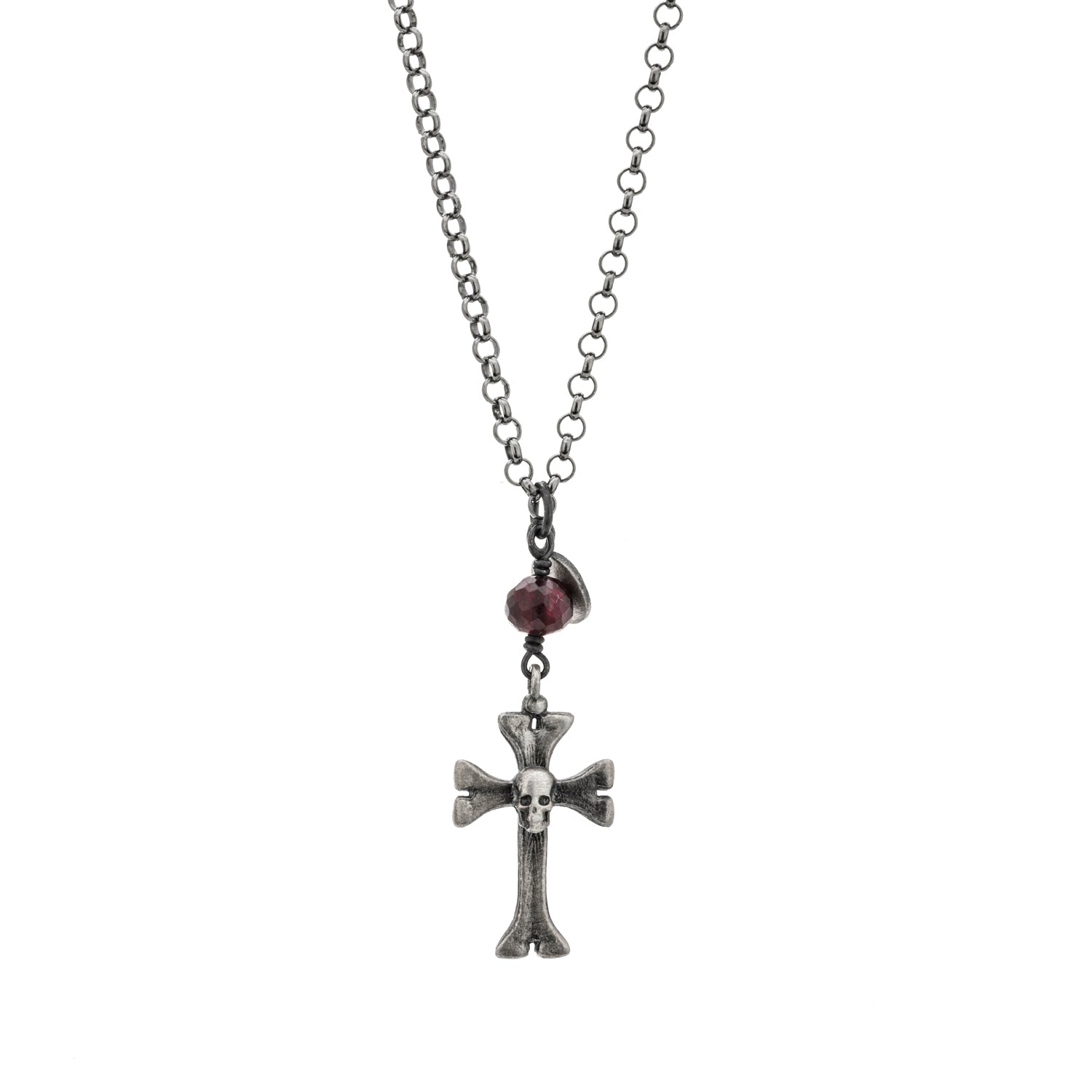 Colgante Plata Grande Calavera Cruz Granate
