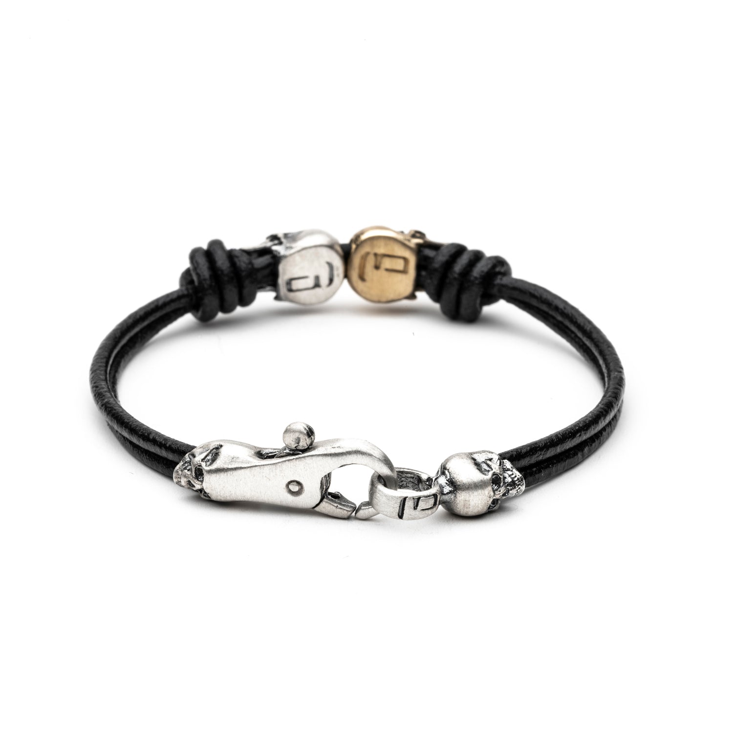 Pulsera Plata Macramé Dos Calaveras Bronce