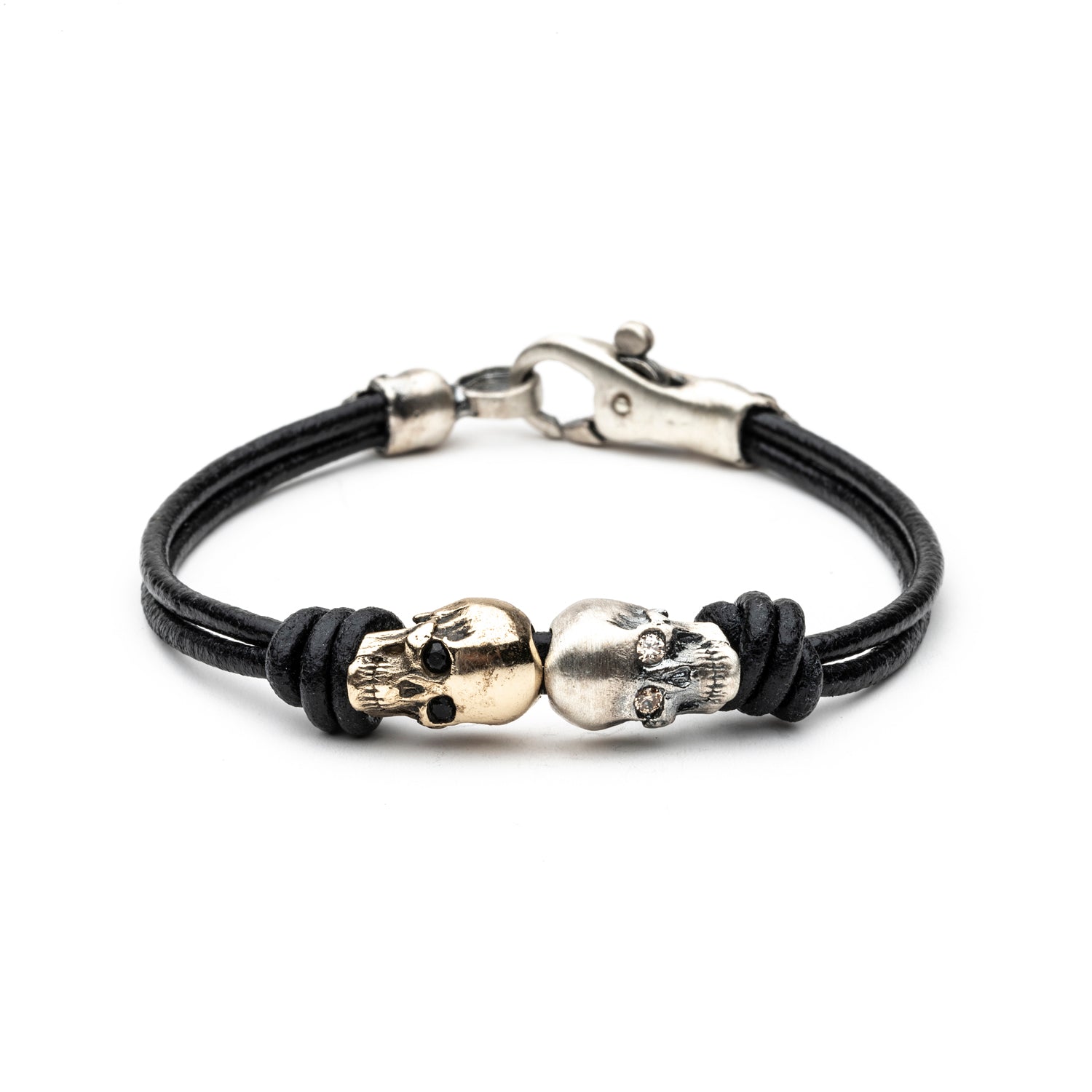 Pulsera Plata Macramé Dos Calaveras Bronce