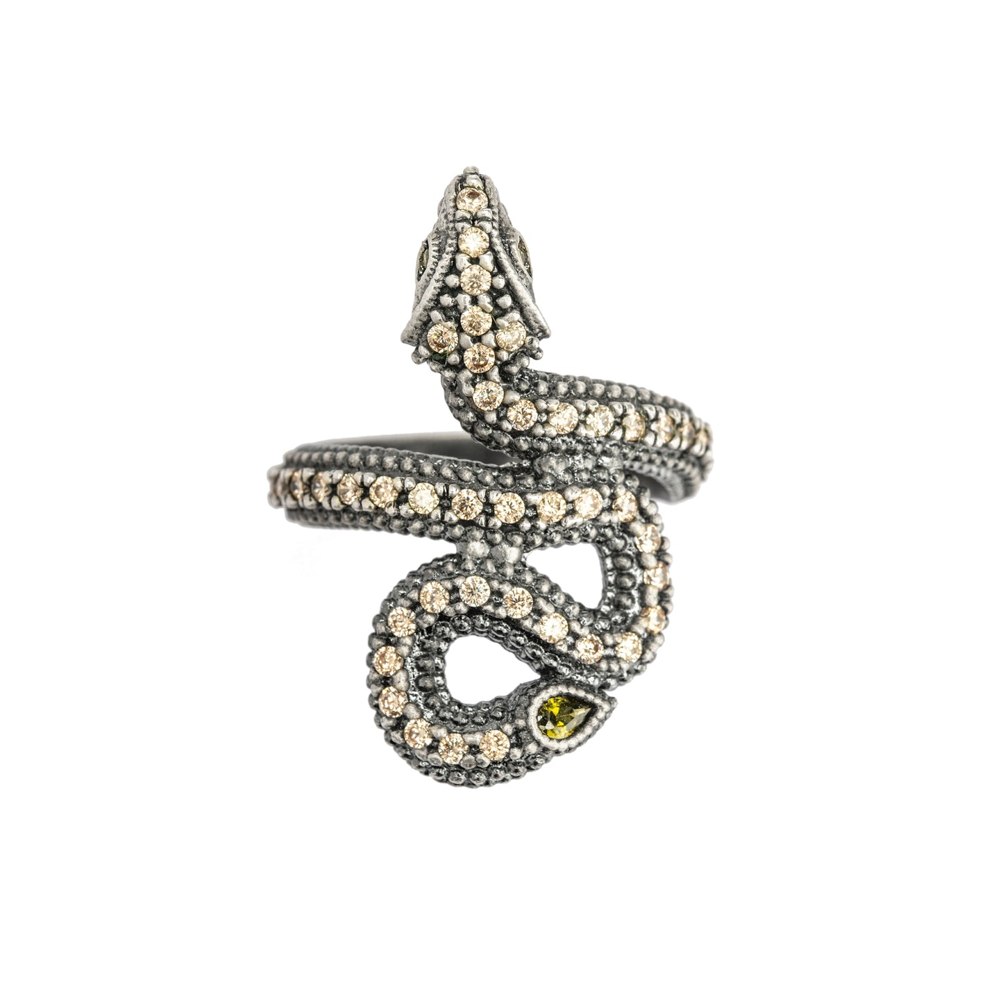 SR-21 ANILLO PLATA SERPIENTE ZIGZAG CIRCONITAS CAVA, CIRCONITA VERDE