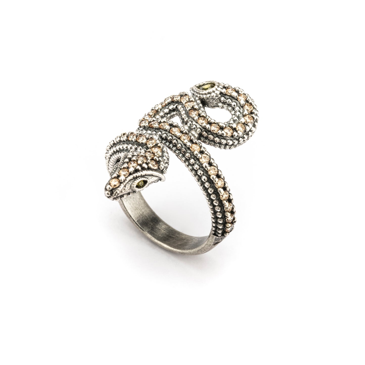 SR-21 ANILLO PLATA SERPIENTE ZIGZAG CIRCONITAS CAVA, CIRCONITA VERDE