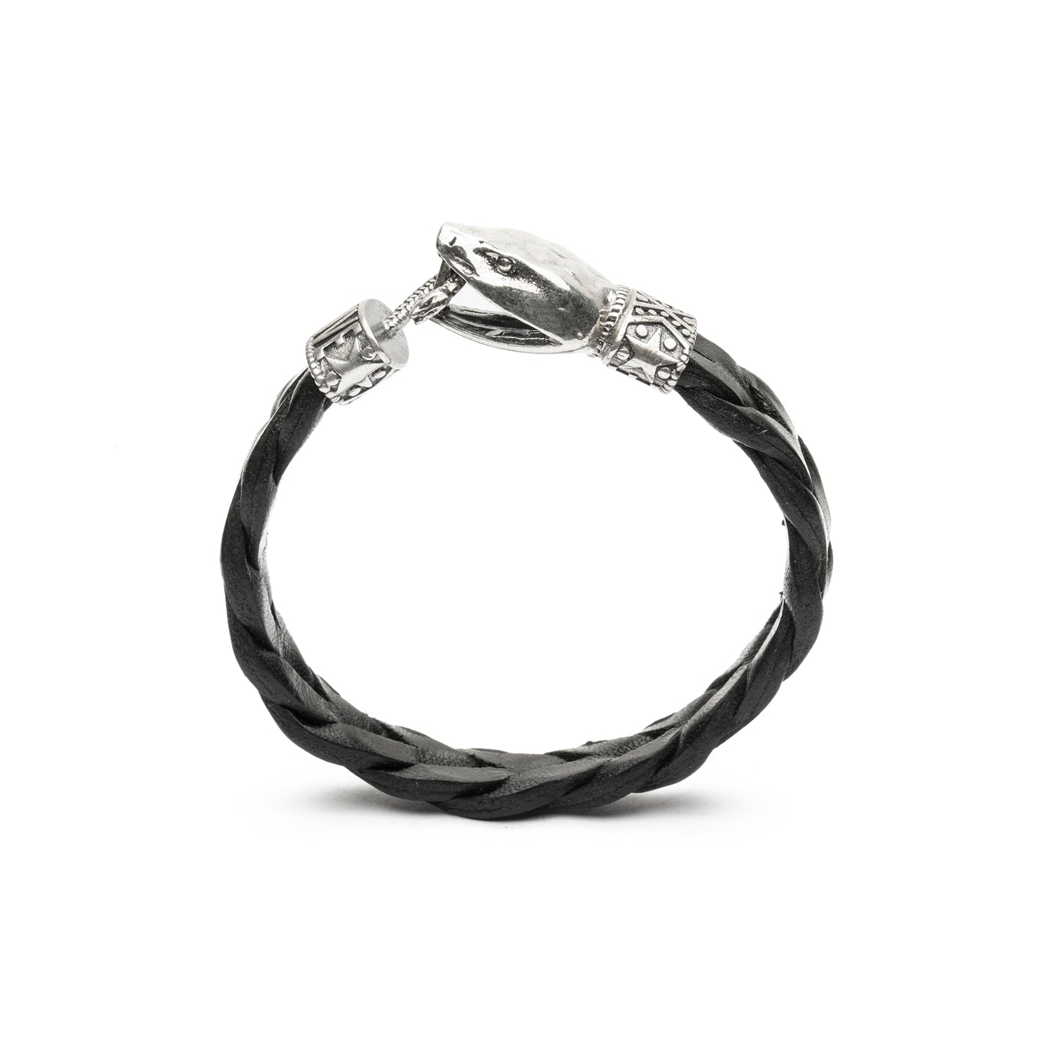 Pulsera Serpiente Plata y Cuero Negro