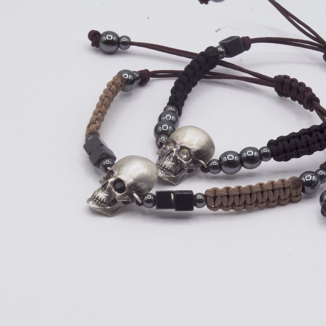Pulsera Plata Macramé Calavera Ojos