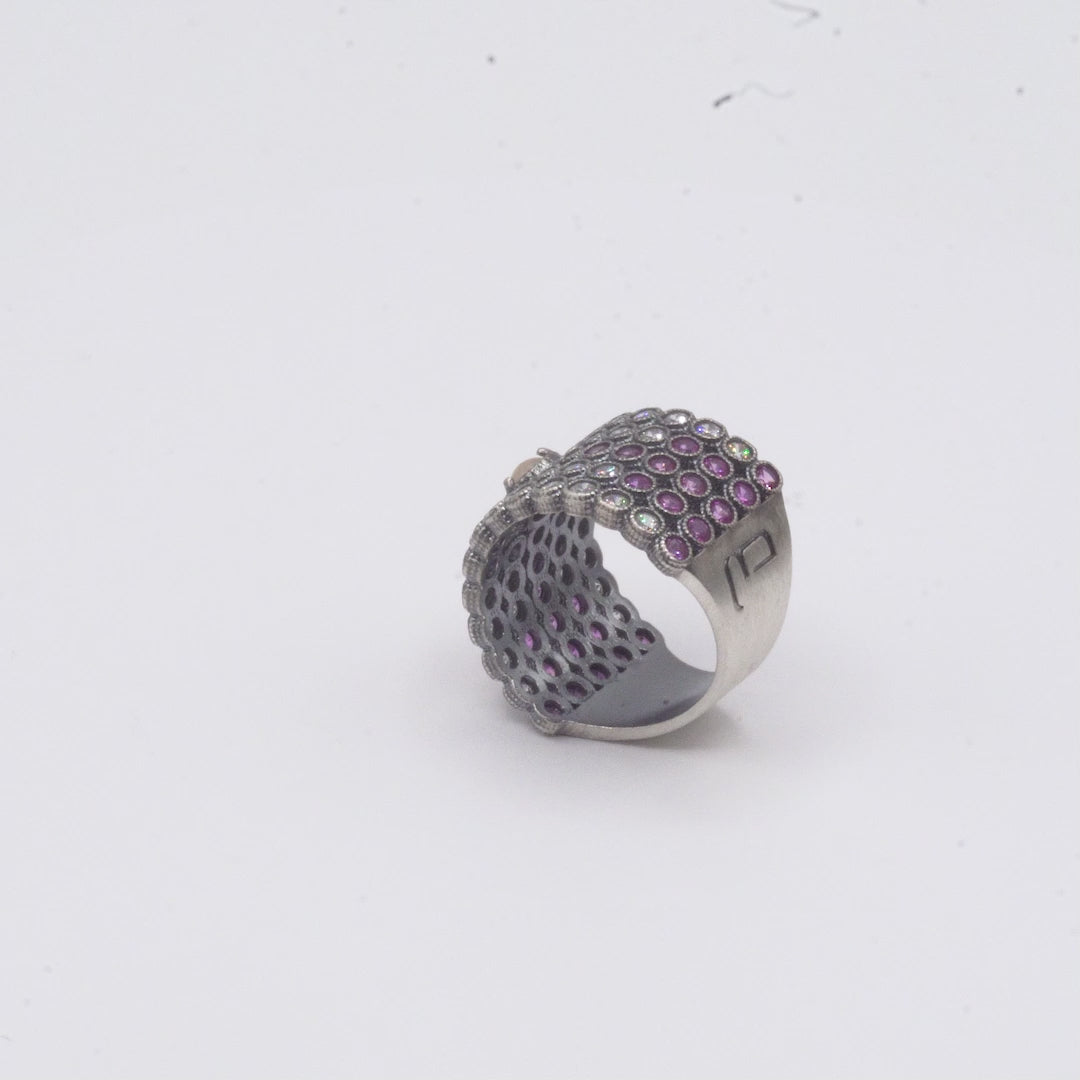 Anillo Ancho Plata Ojo de Gato Salmón