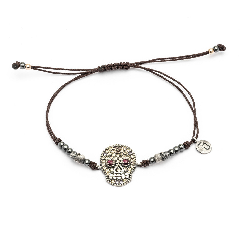 Pulsera plata macramé calavera