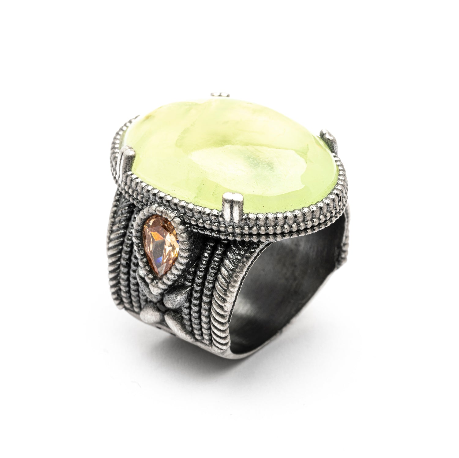 15502 ANILLO PLATA PREHNITA OVALADA, GOTA CIRCONITA CAVA
