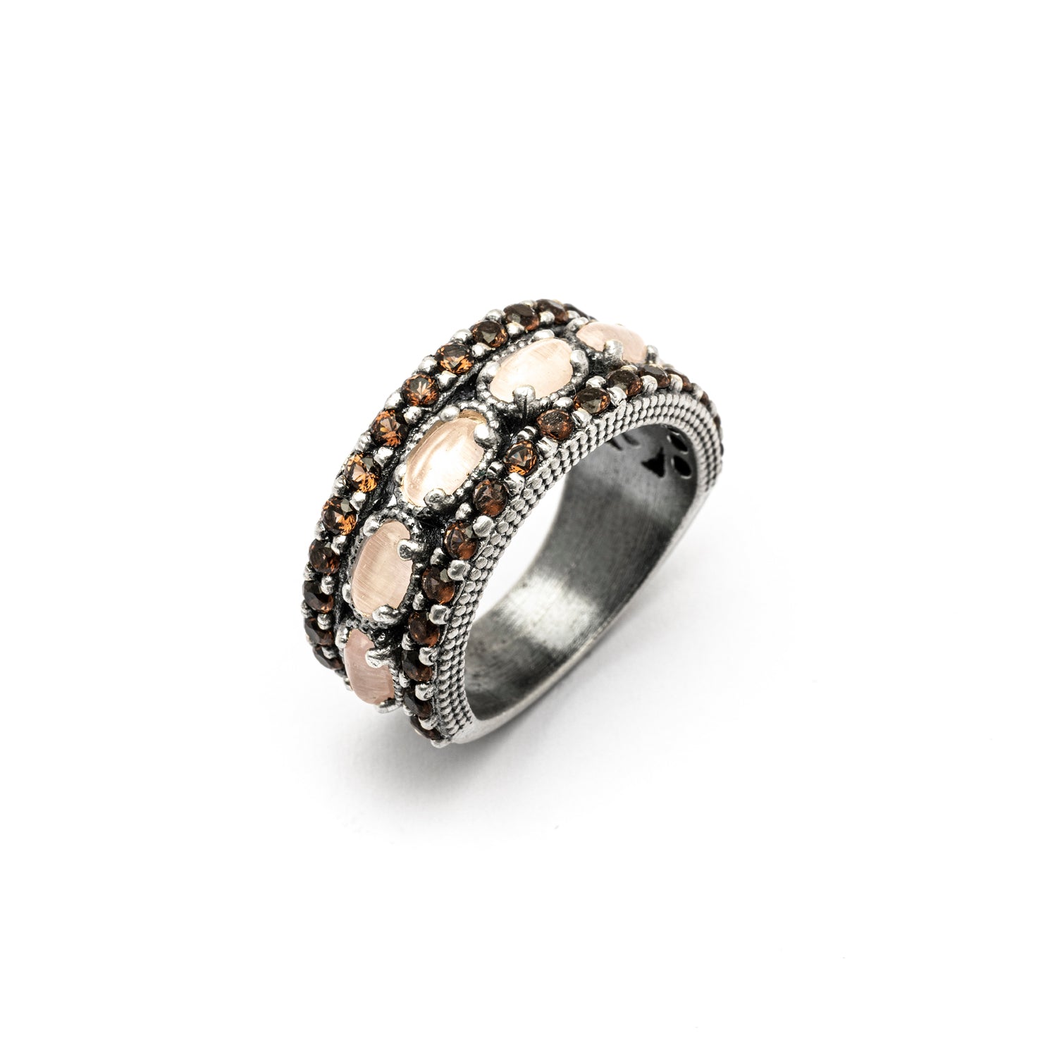 15505 ANILLO PLATA OJO DE GATO ROSA, CIRCONITAS BROWN