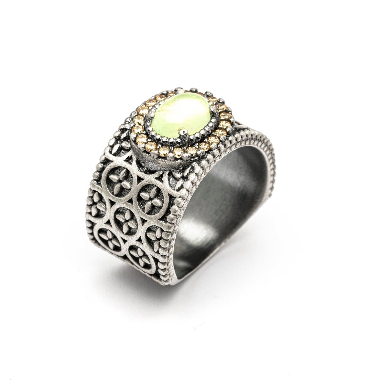 15508 ANILLO ANCHO DE PLATA PREHNITA, ORLA CIRCONITAS CAVA