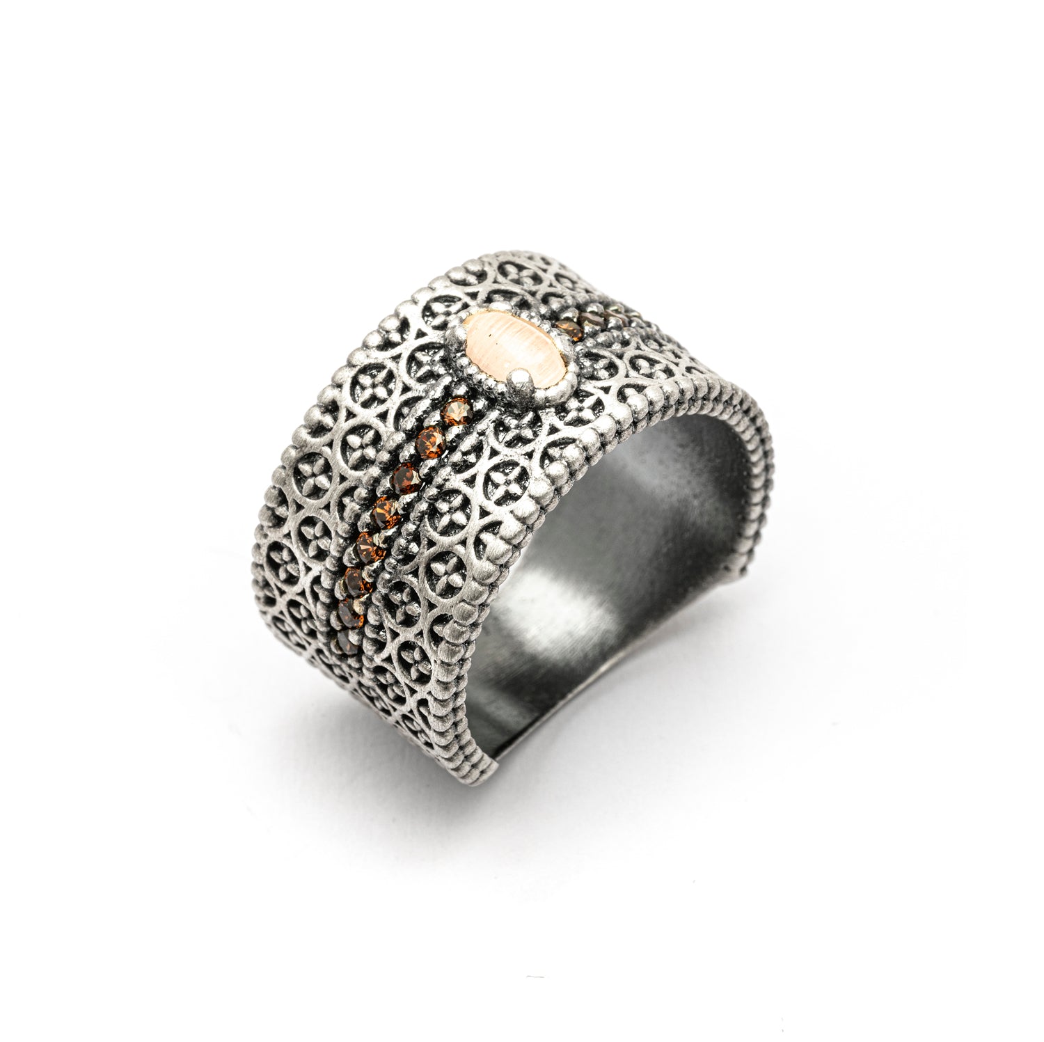 15509 ANILLO ANCHO DE PLATA OJO DE GATO ROSA, TIRA CIRCONITAS BROWN
