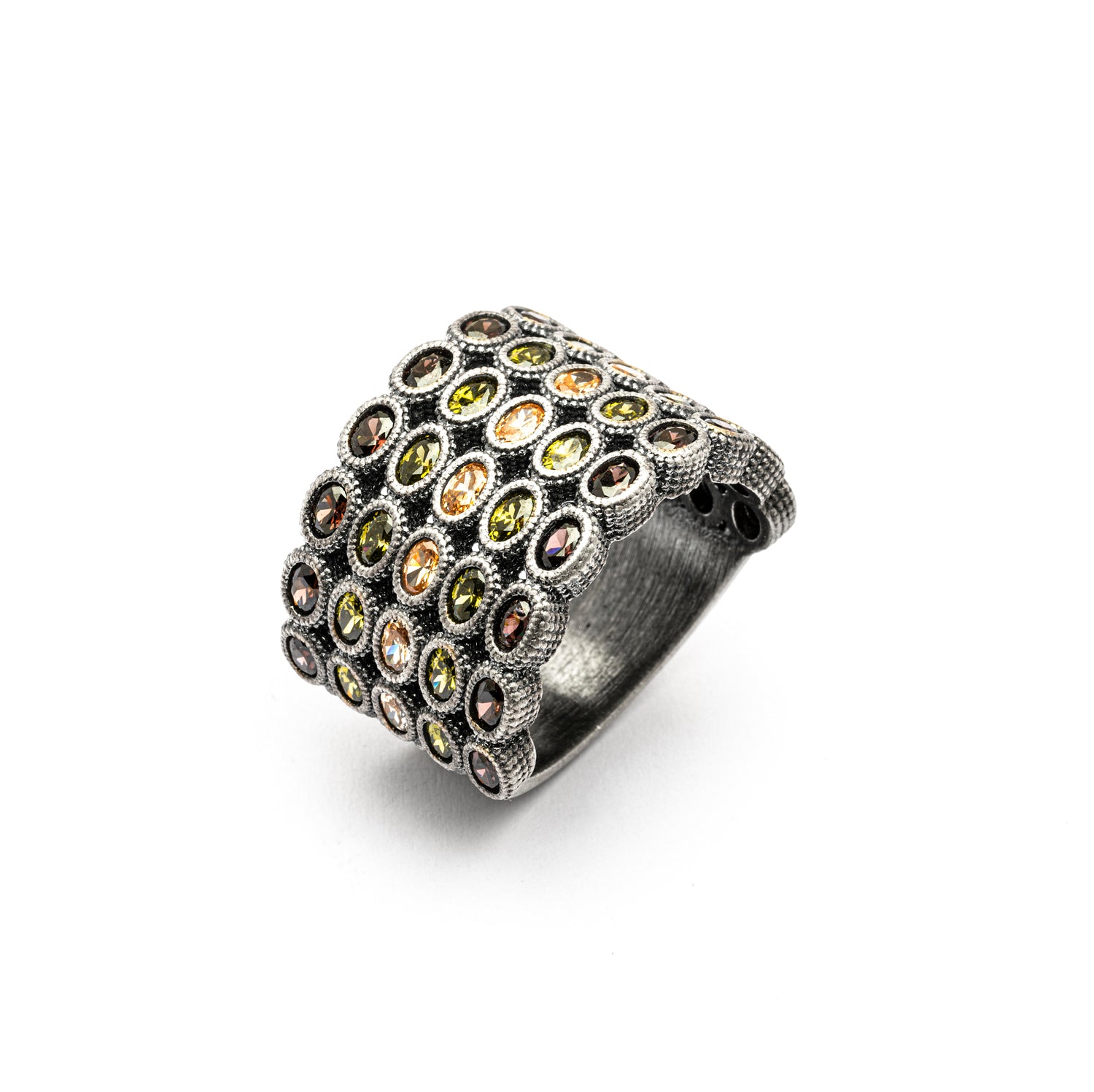 15538 ANILLO ANCHO PLATA CIRCONITAS OVALADAS CAVA, BROWN, VERDE