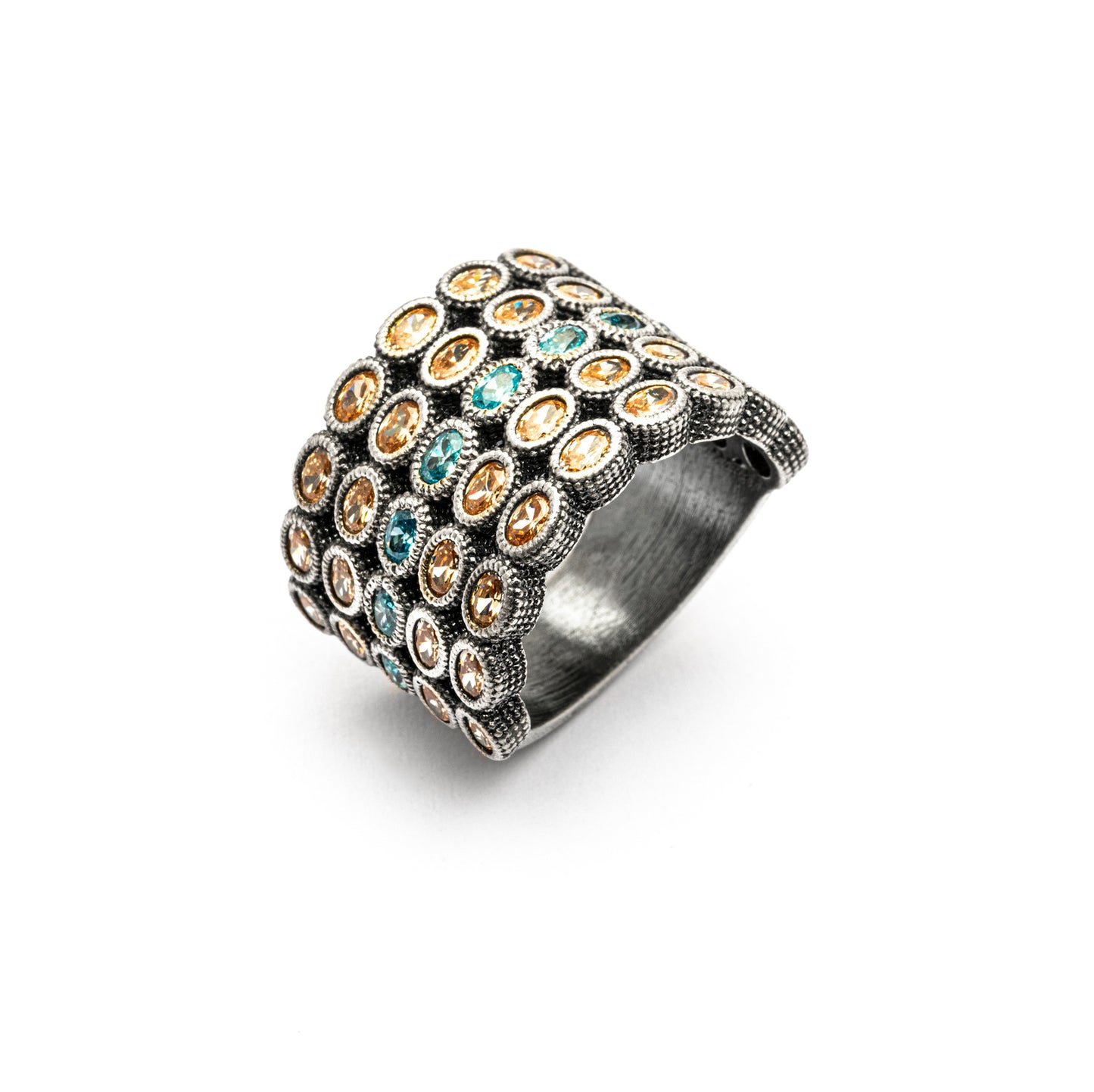 15539 ANILLO ANCHO PLATA CIRCONITAS OVALADAS AGUAMARINA, CAVA