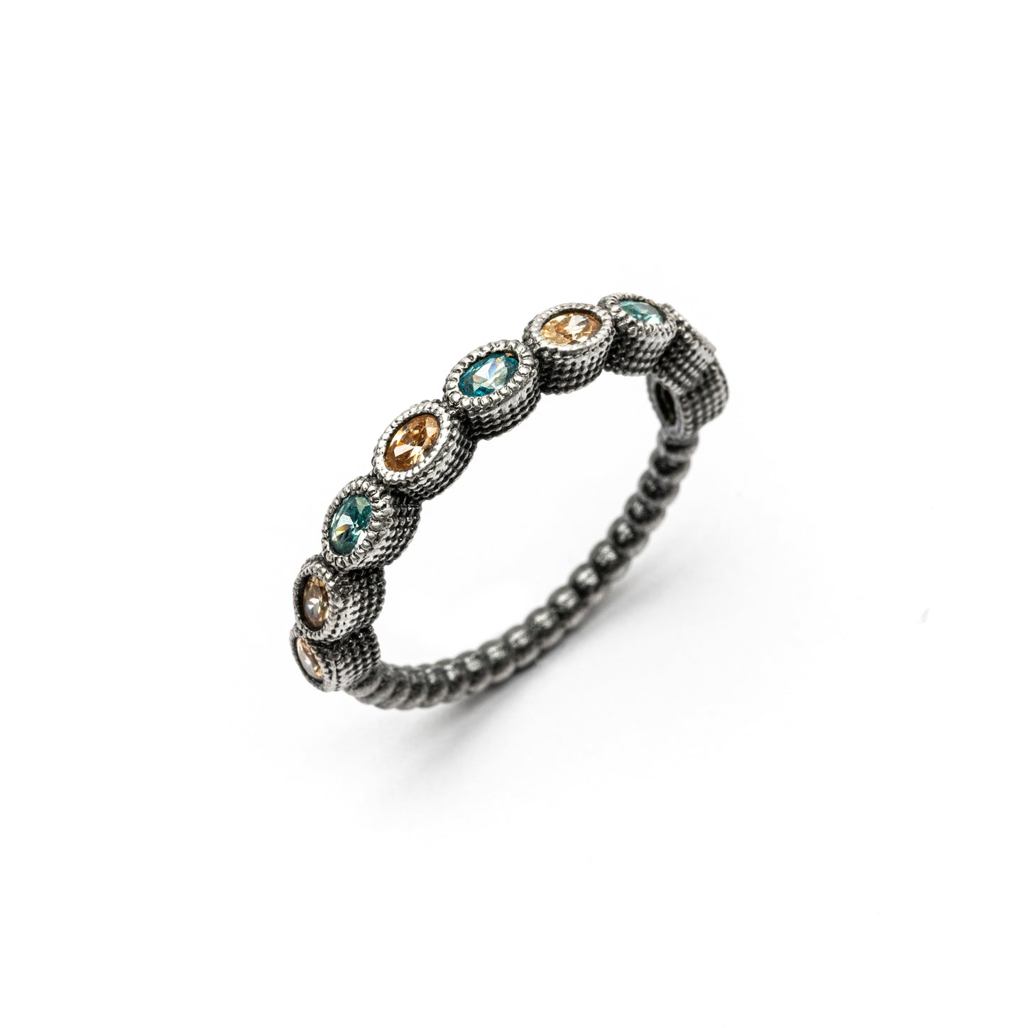 15543 ANILLO PLATA TIRA CIRCONITAS OVALADAS AGUAMARINA Y CAVA