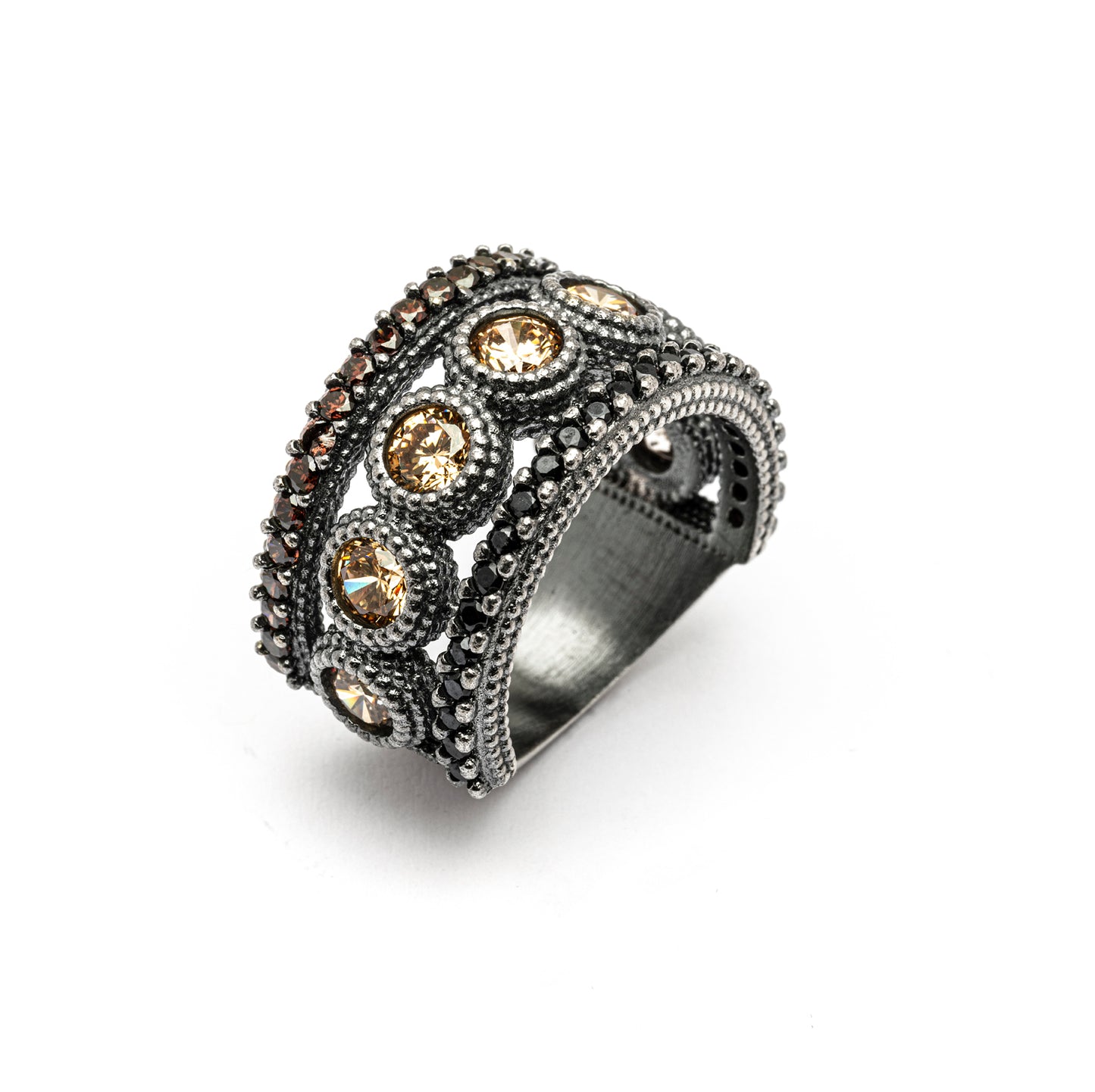15556 ANILLO PLATA CIRCONITAS REDONDAS CAVA, TIRAS CIRCONITAS BROWN Y ESPINELAS