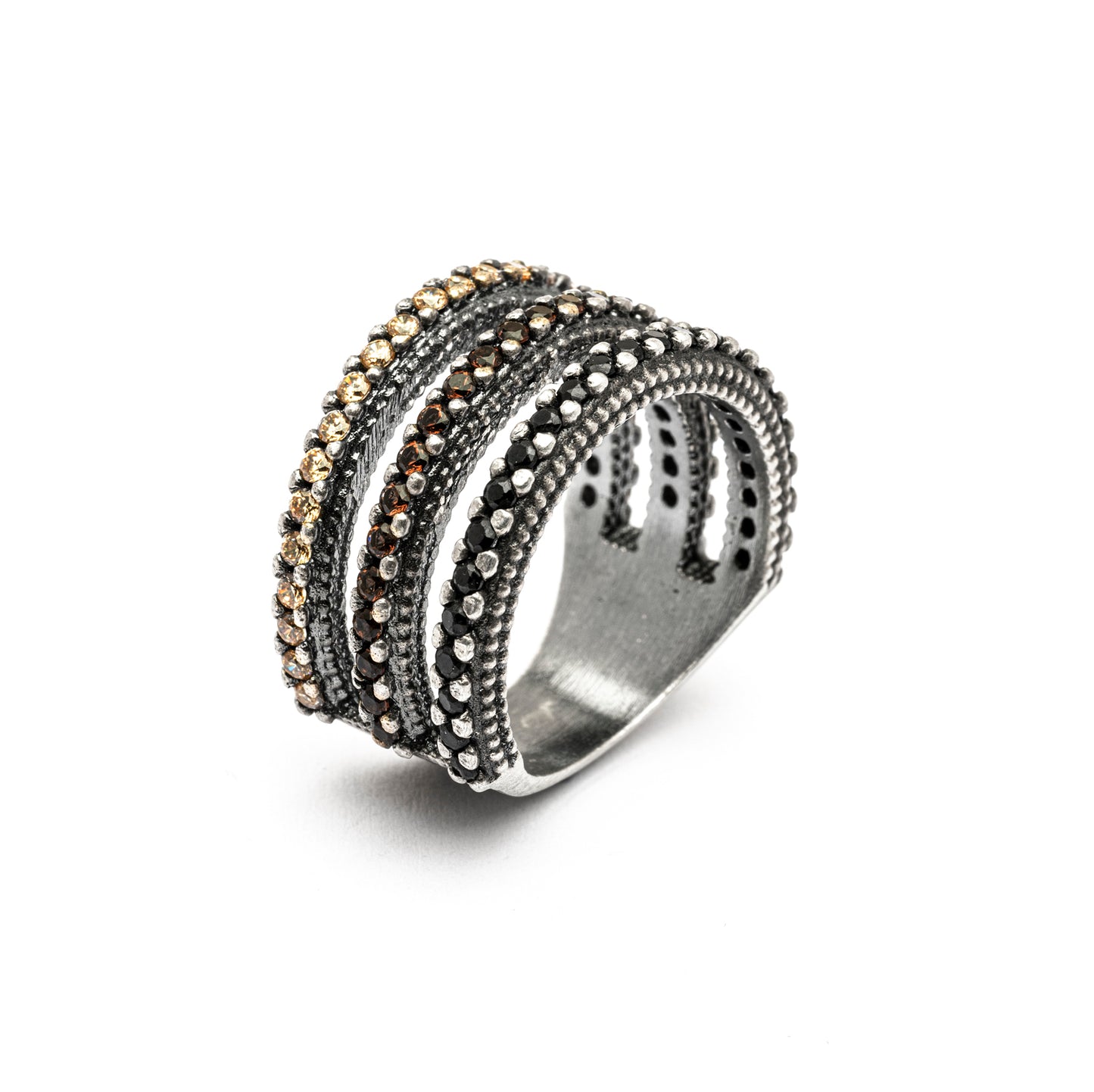 15560 ANILLO PLATA TRES TIRAS DE CIRCONITAS CAVA, BROWN, ESPINELAS