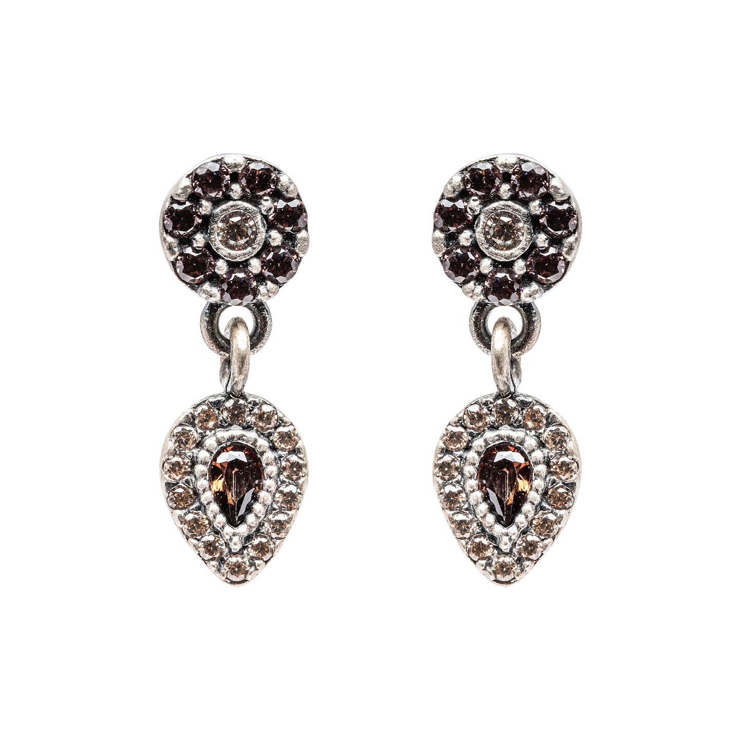 P822 PENDIENTES BOTÓN PLATA CIRCONITA BROWN Y CAVA
