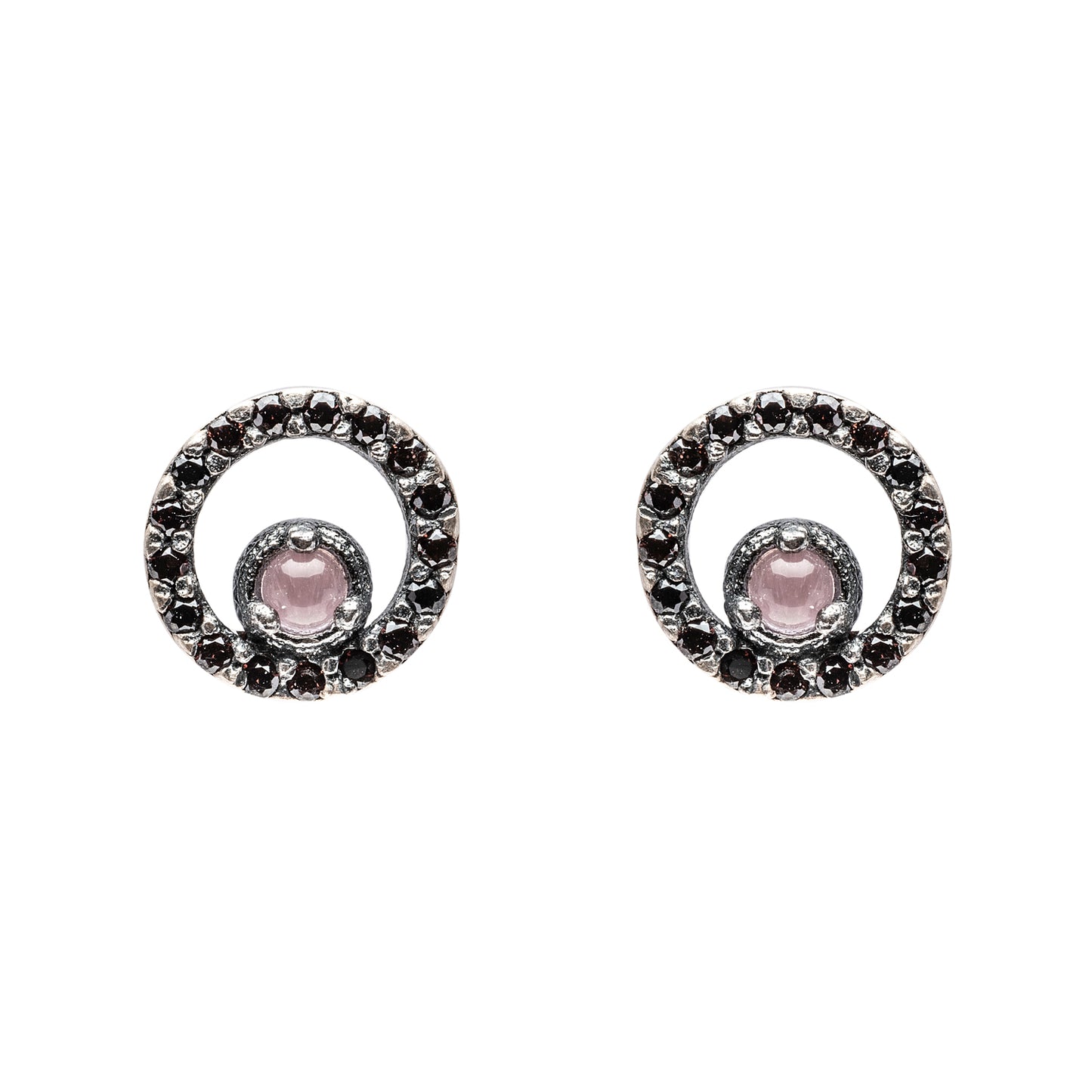 P873 PENDIENTES BOTÓN PLATA OJO DE GATO MORADO, CIRCONITA BROWN
