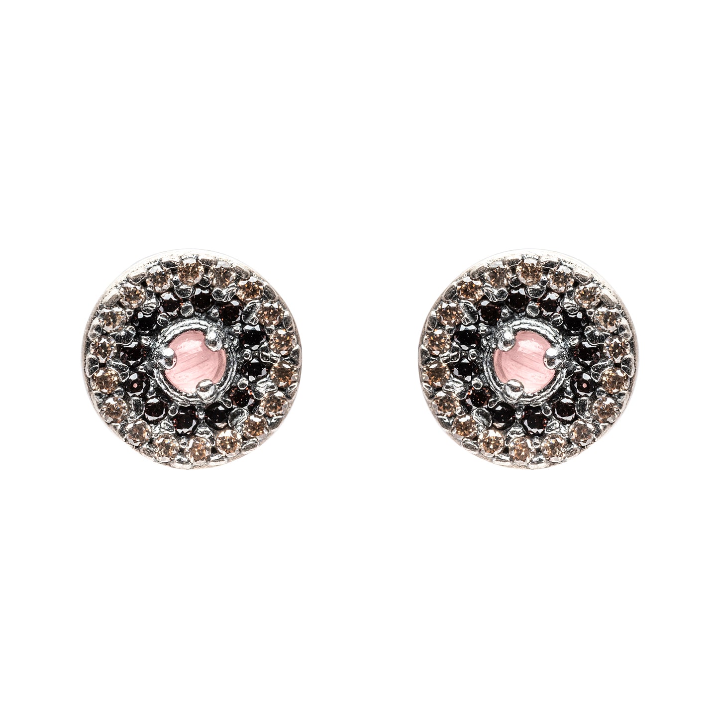 P871 PENDIENTES BOTÓN PLATA OJO DE GATO MORADO, CIRCONITA BROWN, CAVA