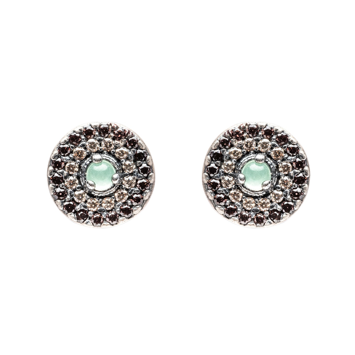 P872 PENDIENTES BOTÓN PLATA CALCEDONIA, CIRCONITA CAVA, BROWN
