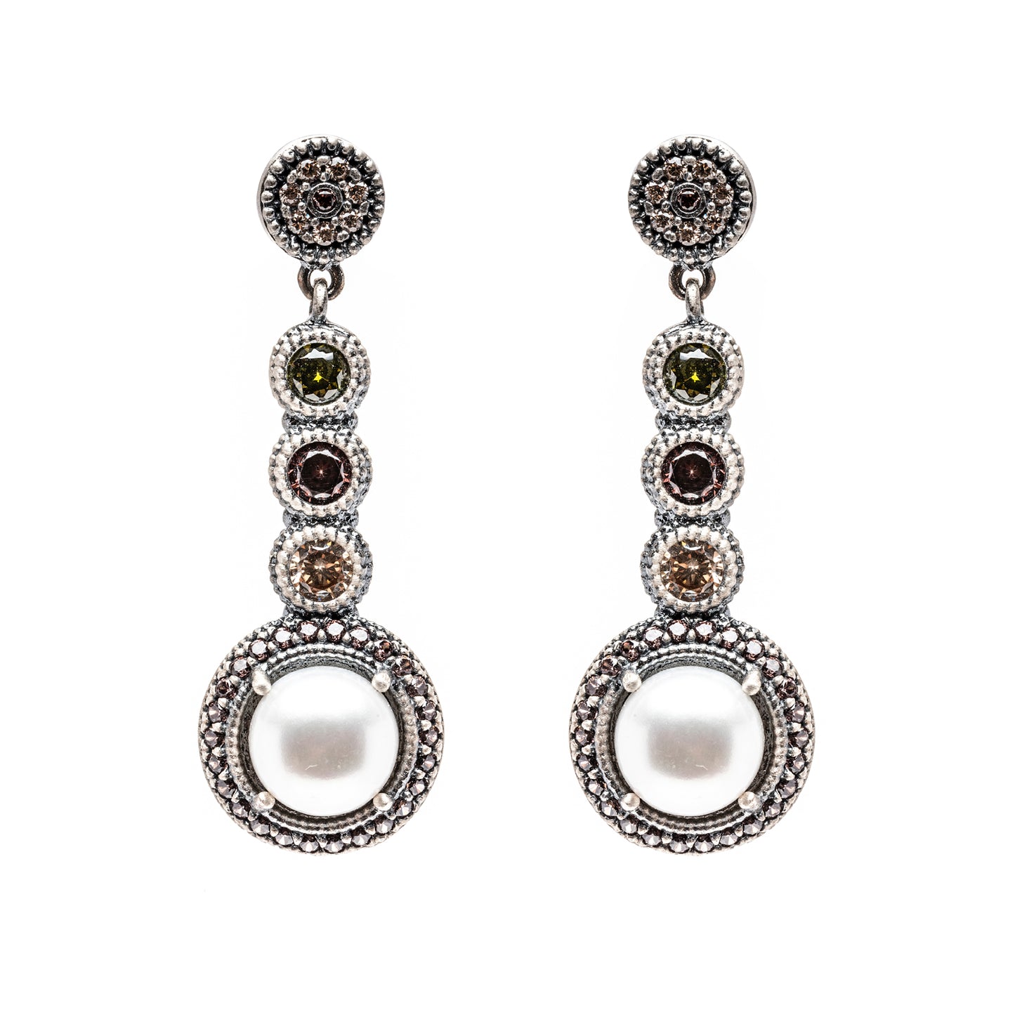 P825 PENDIENTES PLATA PERLA, CIRCONITAS CAVA, BROWN, VERDE