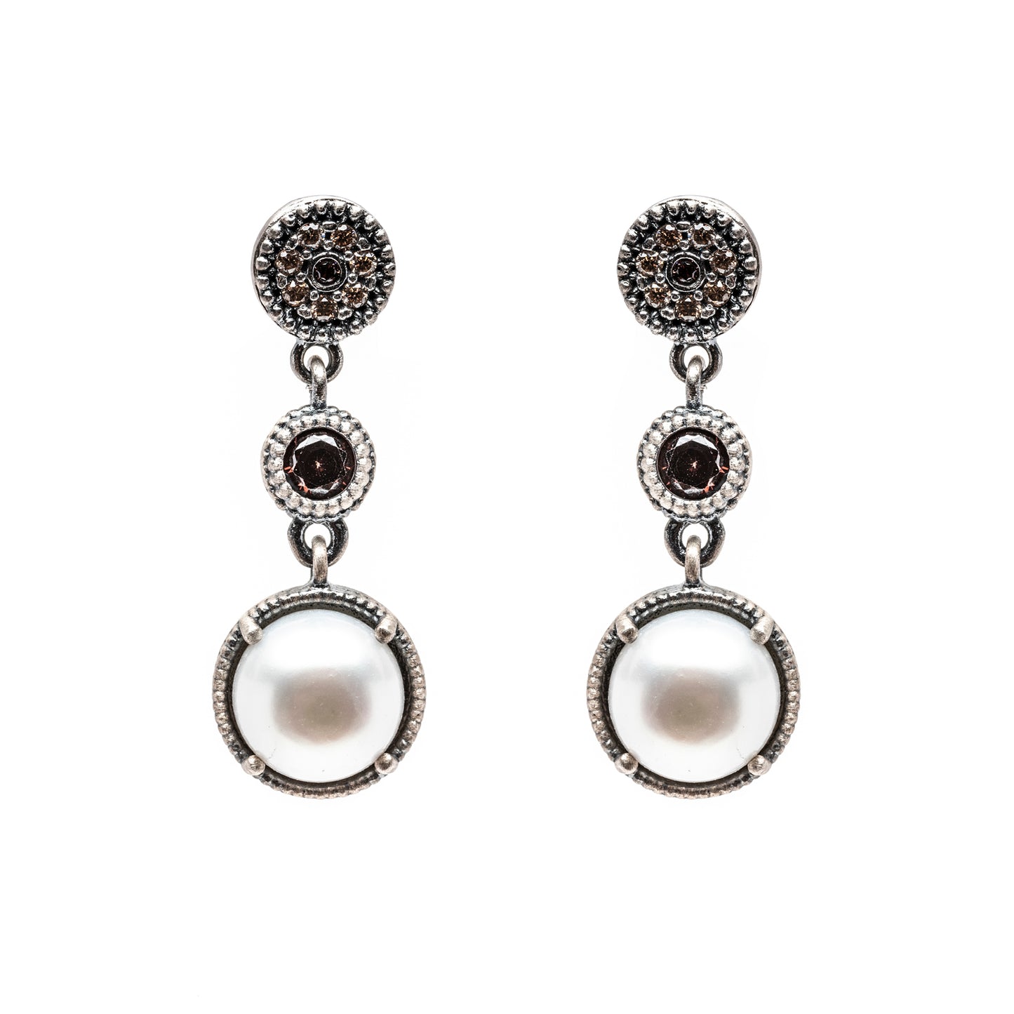 P830 PENDIENTES PLATA PERLA, CIRCONITAS BROWN, CAVA