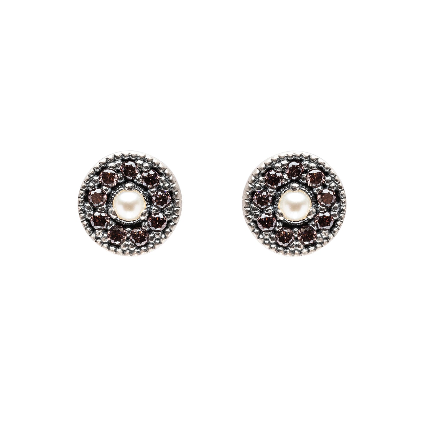 P833 PENDIENTES BOTÓN PLATA CIRCONITAS BROWN, CAVA