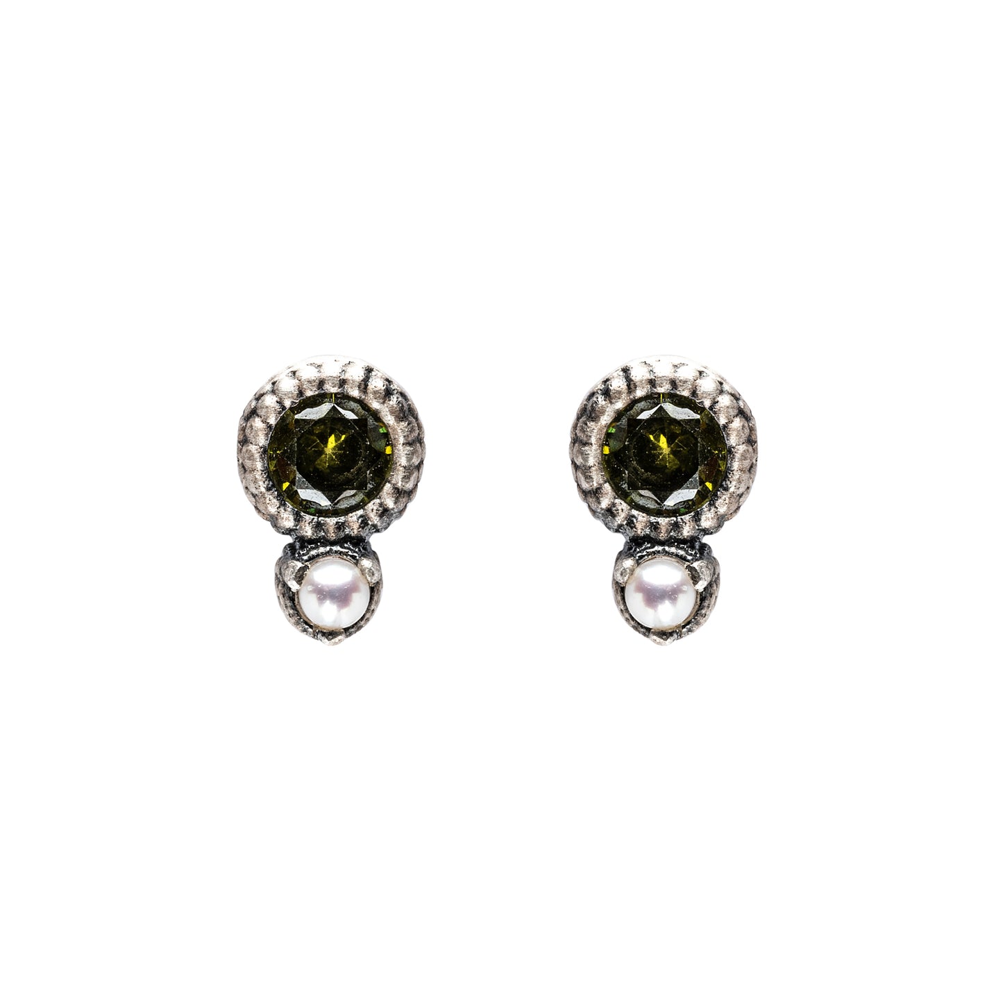 P839 PENDIENTES BOTÓN PLATA CIRCONITAS VERDE, PERLA
