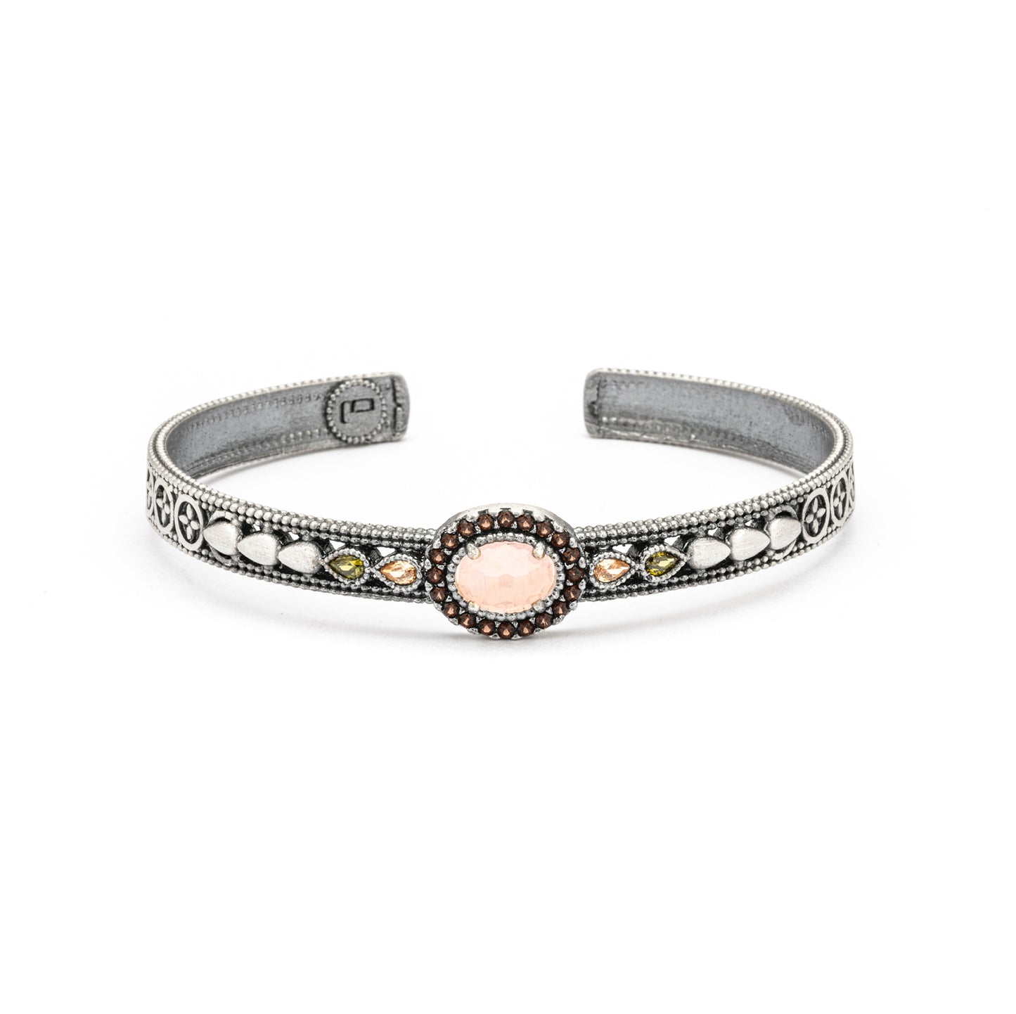 ESC-10 PULSERA ESCLAVA DE PLATA OJO DE GATO ROSA, CIRCONITAS BROWN, GOTAS CAVA, VERDE