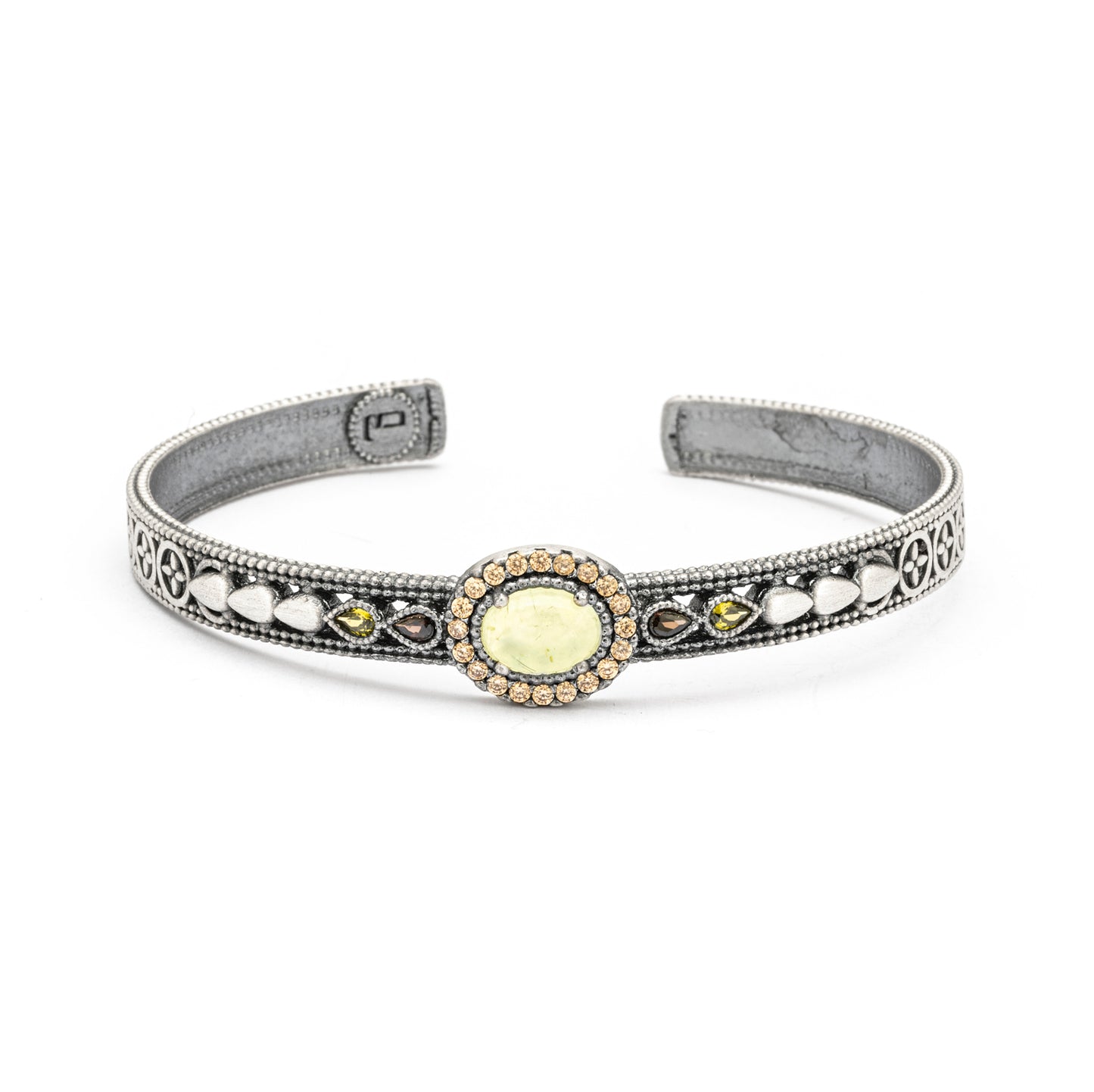 ESC-11 PULSERA ESCLAVA DE PLATA PREHNITA, CIRCONITAS CAVA, GOTAS BROWN, VERDE