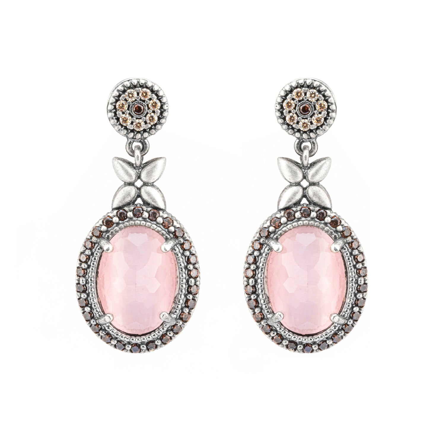 P896 PENDIENTES PLATA OJO DE GATO ROSA, CIRCONITAS BROWN