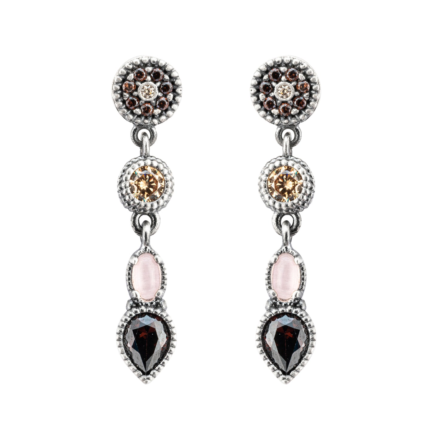 P900 PENDIENTES PLATA OJO DE GATO ROSA, CIRCONITAS BROWN Y CAVA