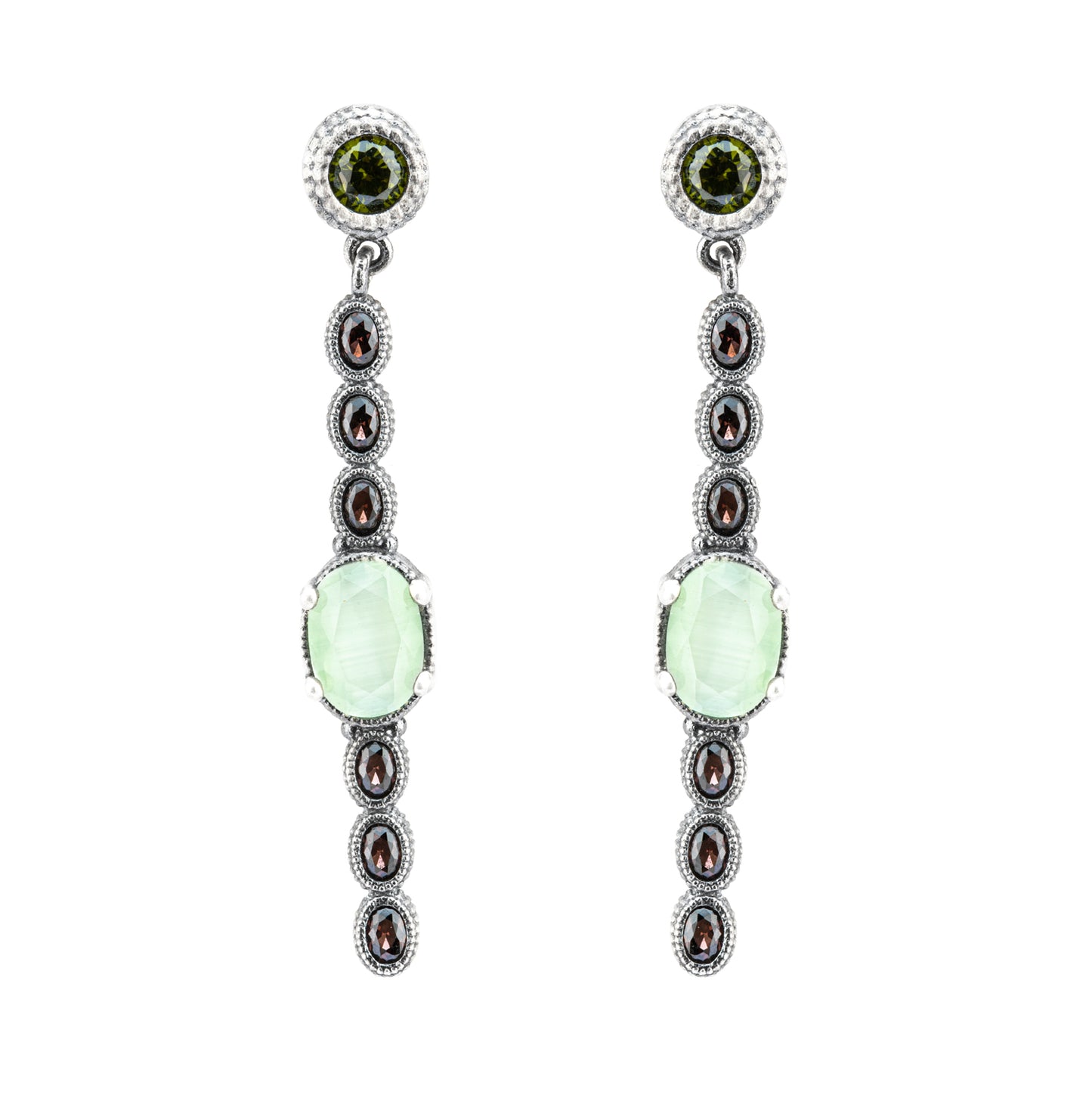 P915 PENDIENTES PLATA OJO DE GATO VERDE Y CIRCONITAS OVALES BROWN