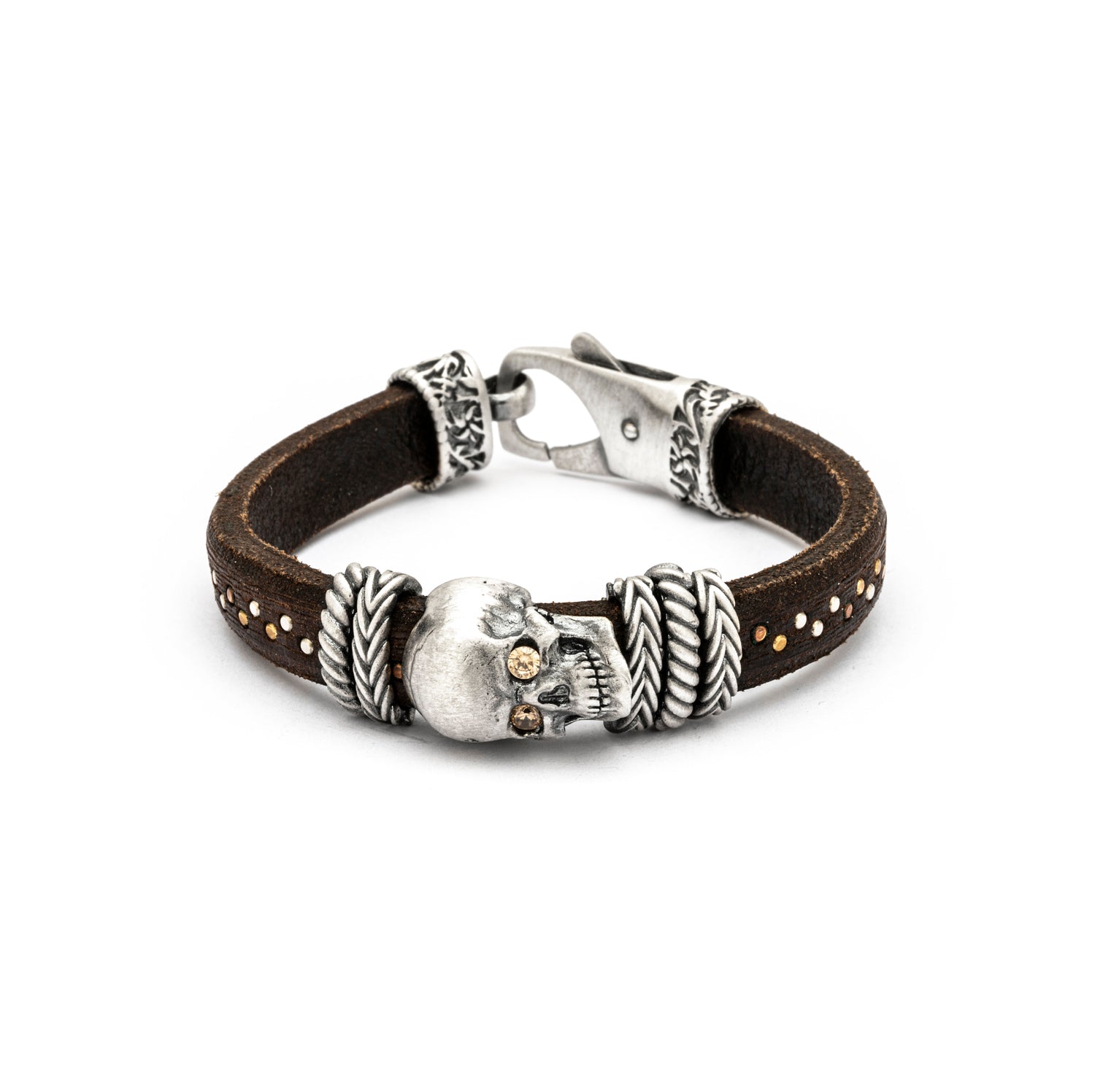 Pulsera cuero calavera plata ojos