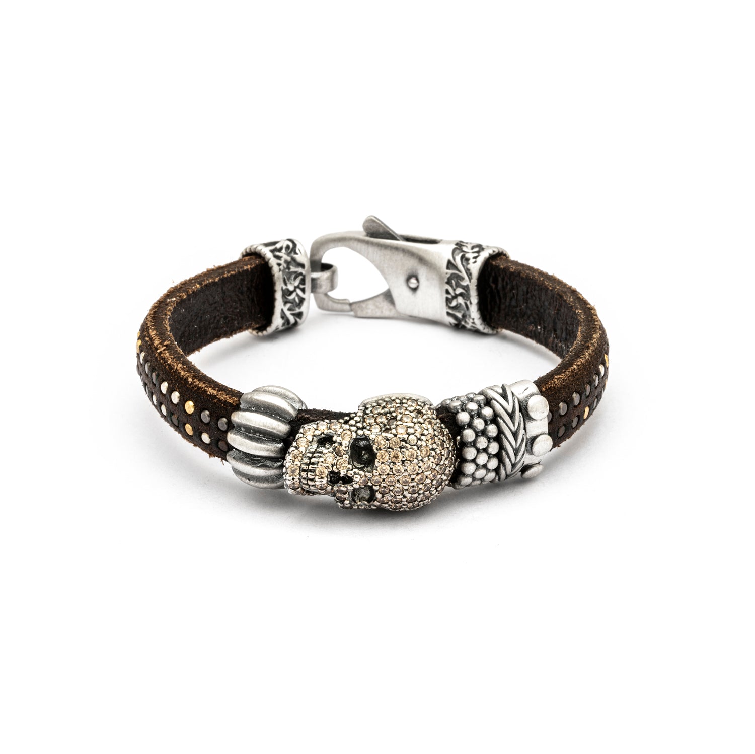 Pulsera cuero calavera plata