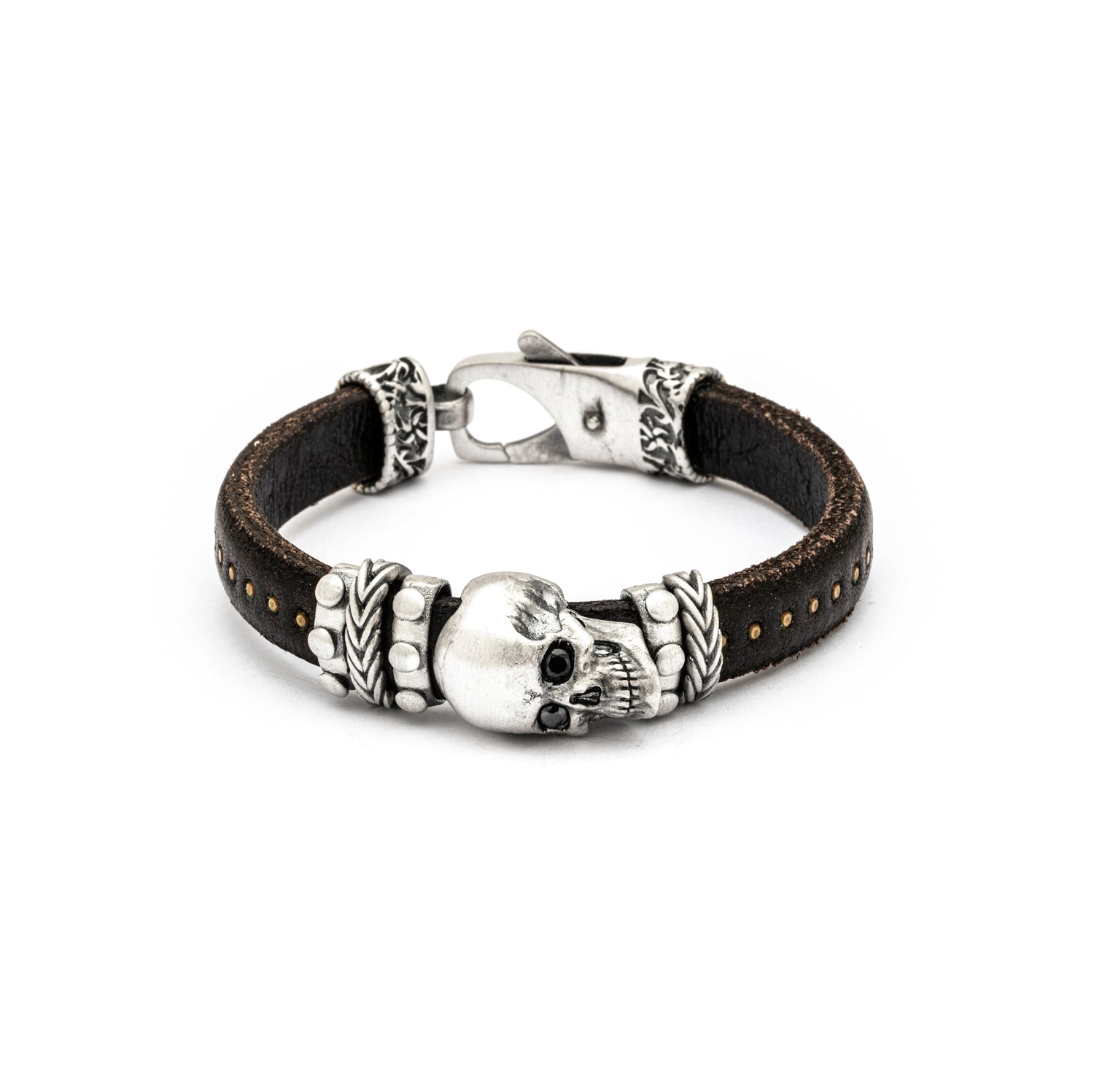 Pulsera cuero calavera plata ojos