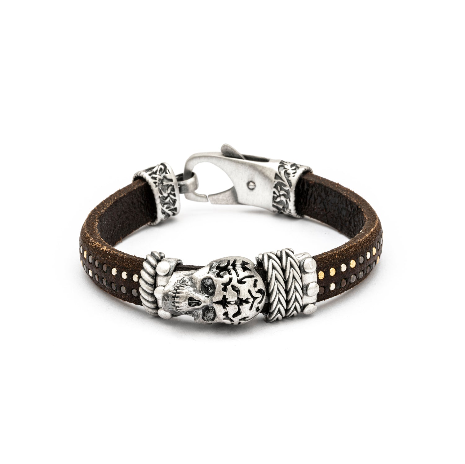 Pulsera cuero calavera plata grabada