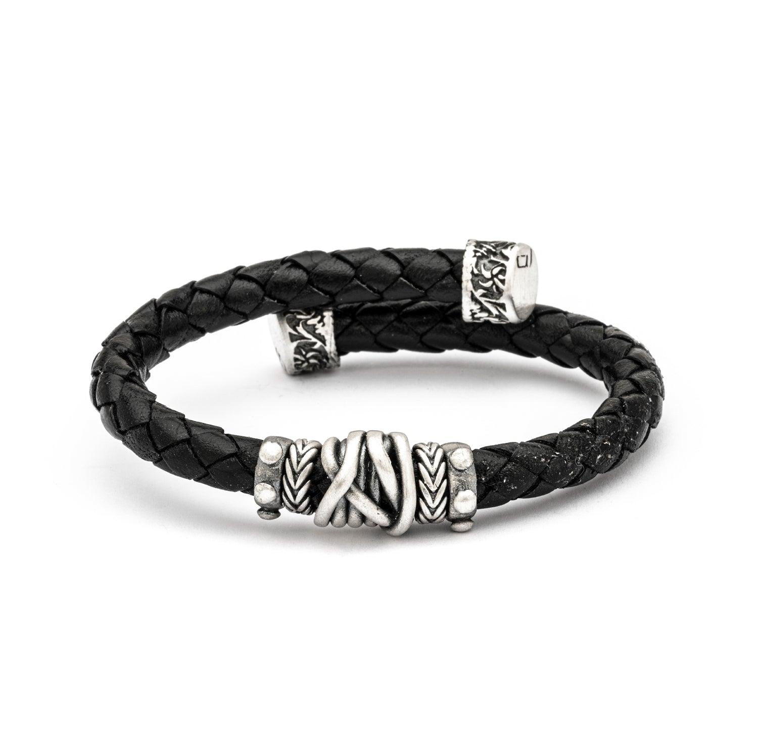 Pulsera cuero negro plata entrepieza tirabuzón