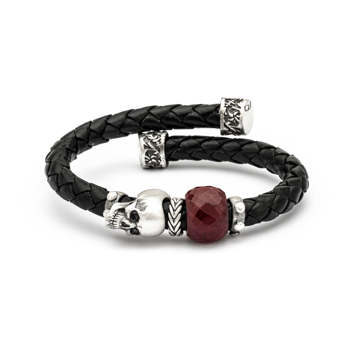 Pulsera cuero negro calavera plata jade