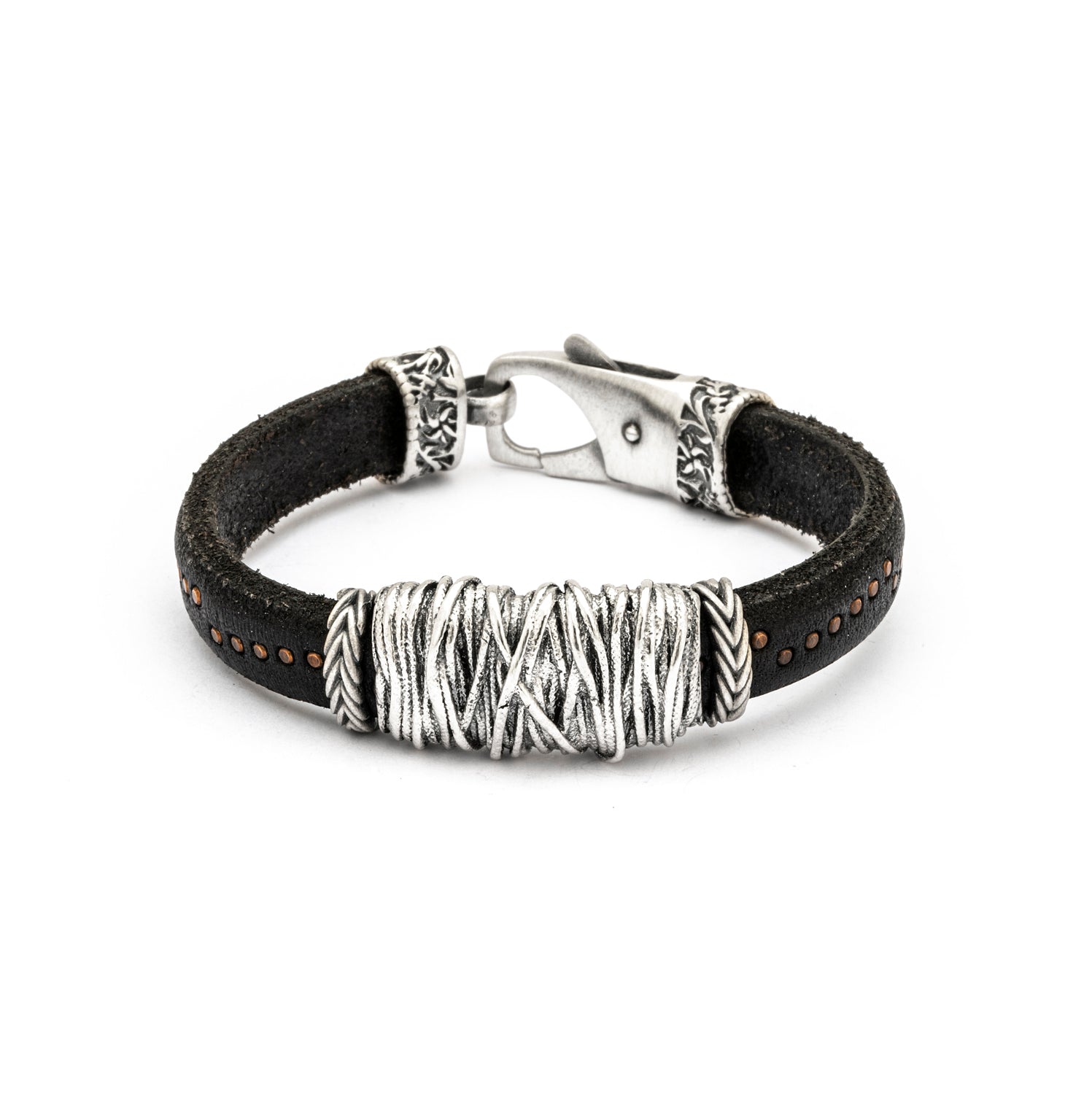 Pulsera cuero marrón oscuro tirabuzón plata
