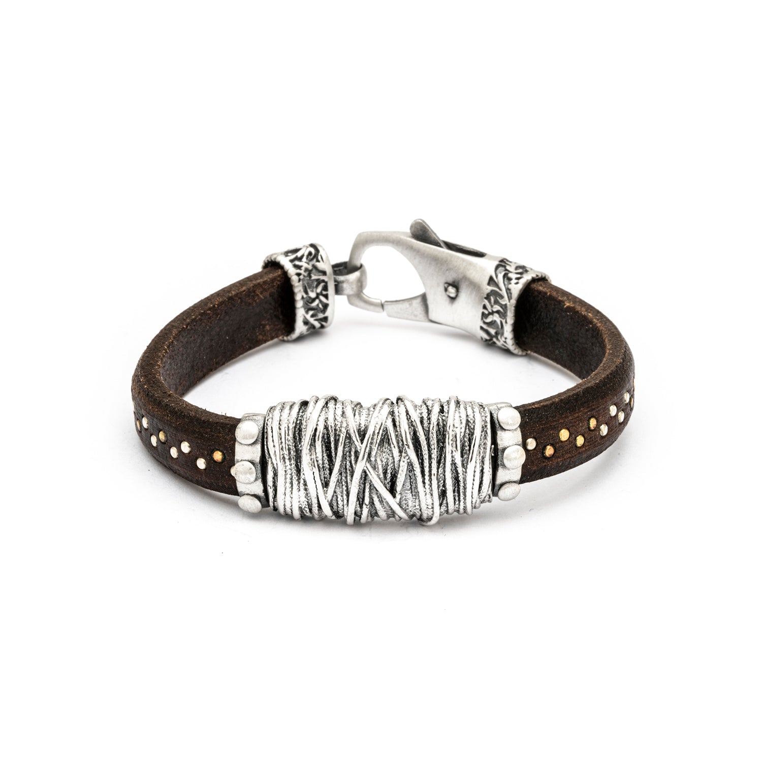 Pulsera cuero marrón tirabuzón plata
