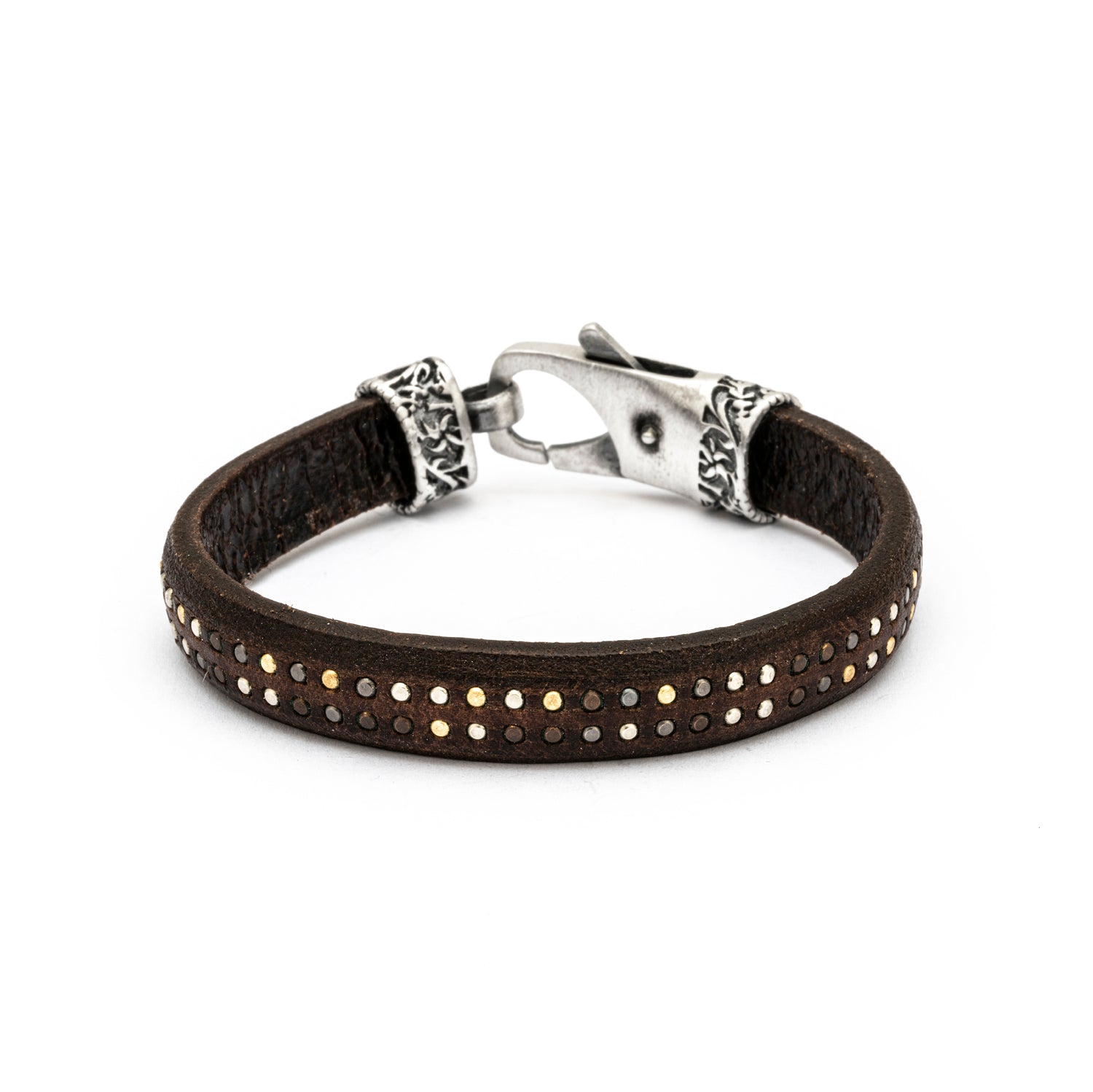 Pulsera cuero marrón plata tachuelas dobles