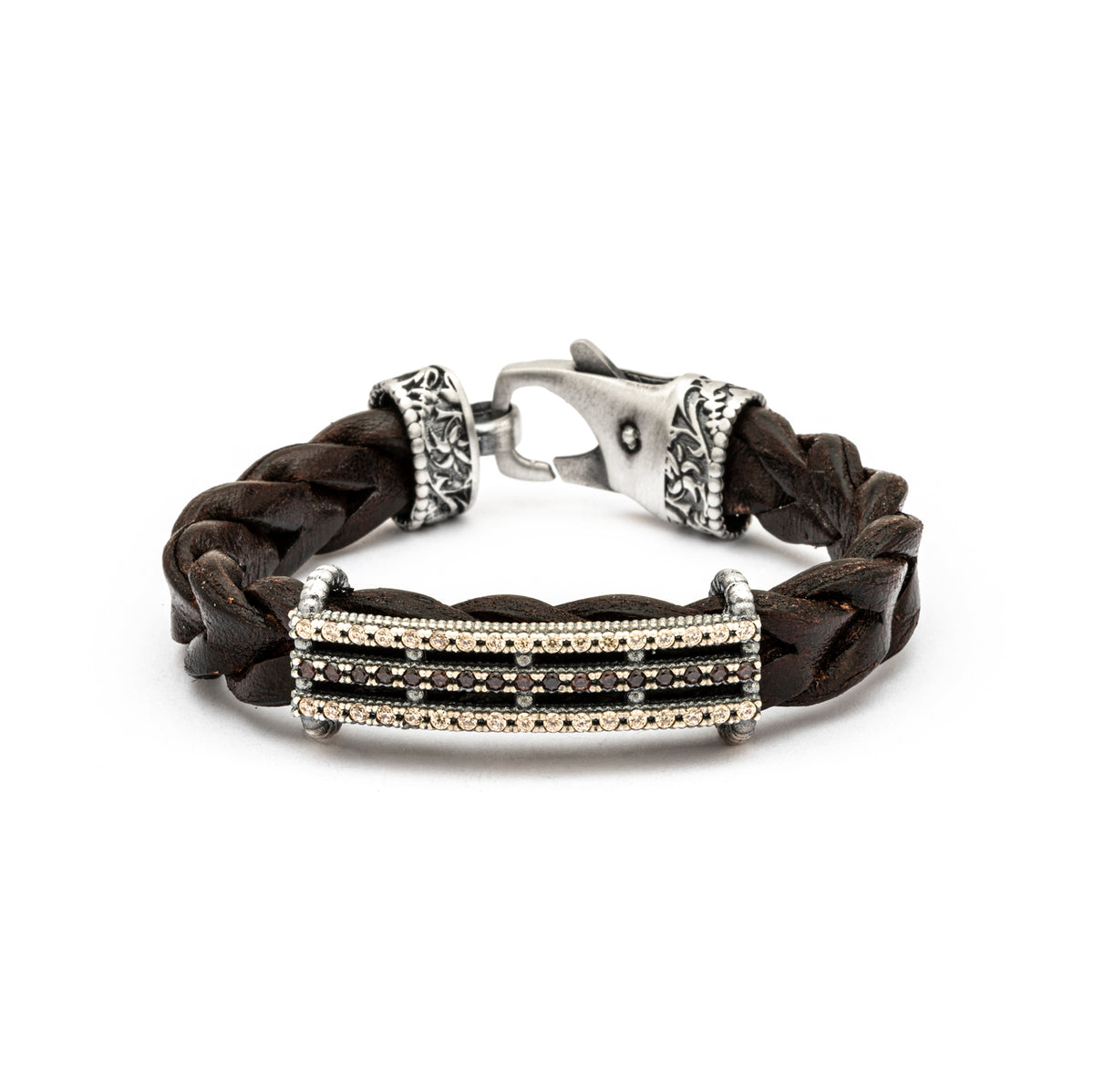 TREN-17 CAVA BROWN LEATHER, SILVER, AND ZIRCONIA BRACELET