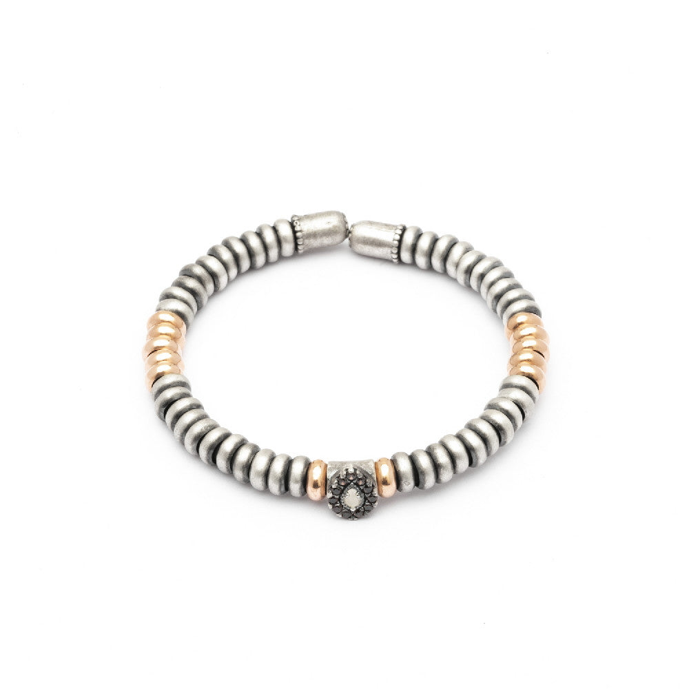 AN-59 PULSERA PLATA Y ORO ROSA, OJO DE GATO BLANCO Y CIRCONITA BROWN.