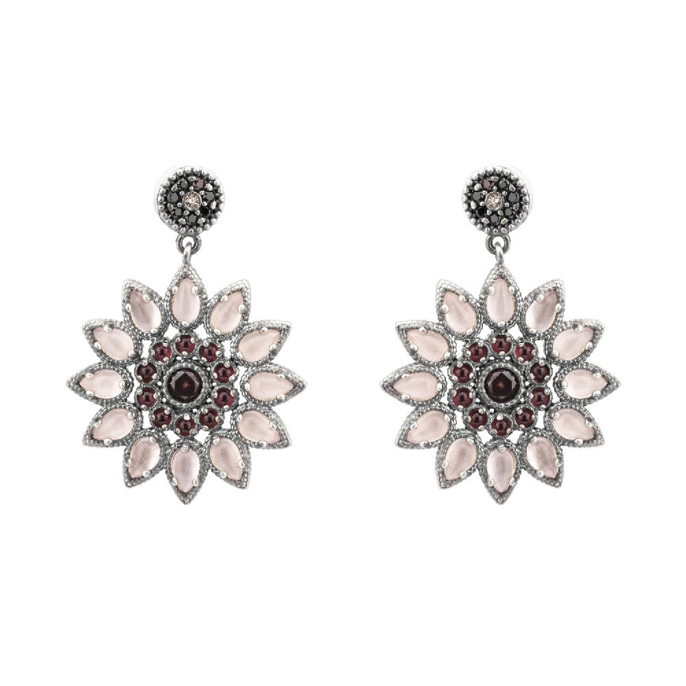 P712 PENDIENTES PLATA OJO DE GATO ROSA, GRANATE Y CIRCONITA BROWN