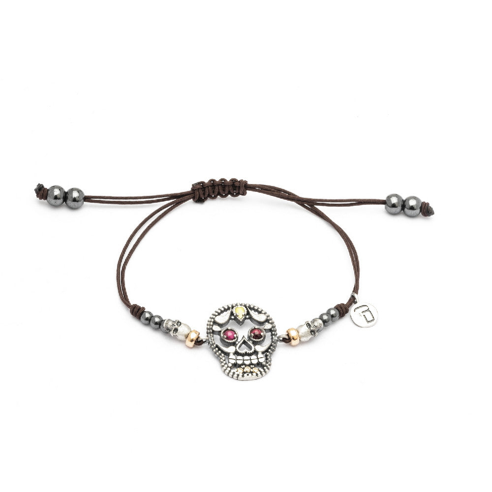 Pulsera plata macramé calavera mediana