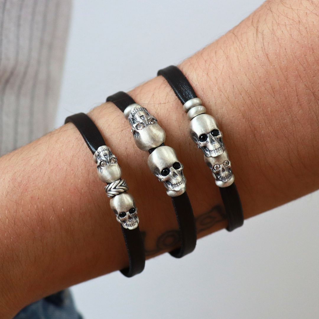 Pulsera Cuero Plata Dos Calaveras